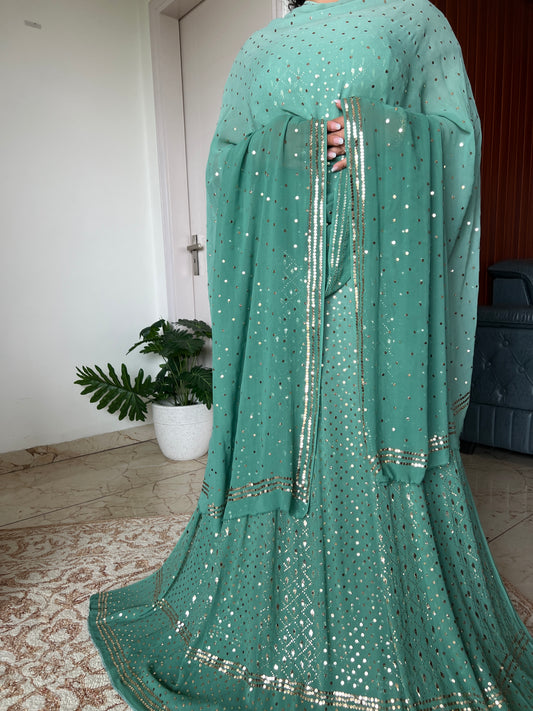 Ruhani Sage green Heavy Mukaish Pure Georgette Anarkali and Dupatta