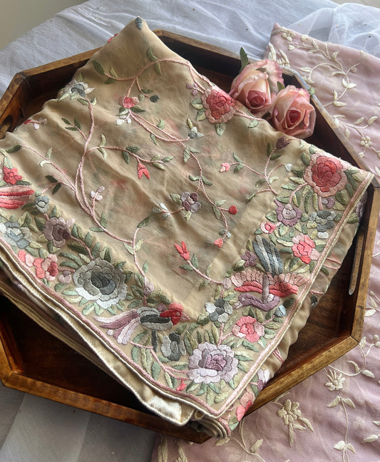 Beige Parsi Gara Hand Embroidered Dupatta
