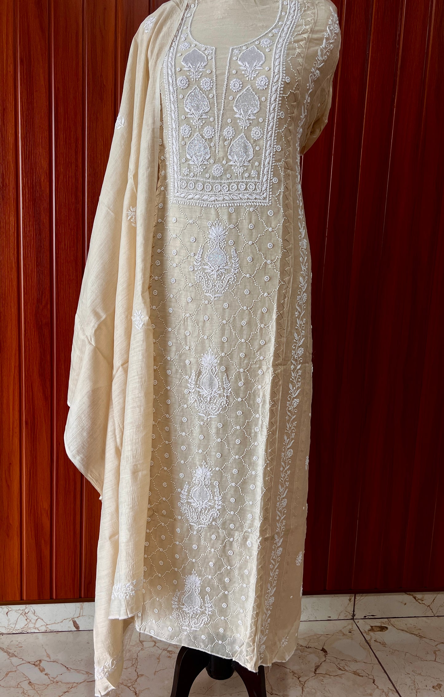Munga silk Chikankari and pearl embroidered kurta and dupatta