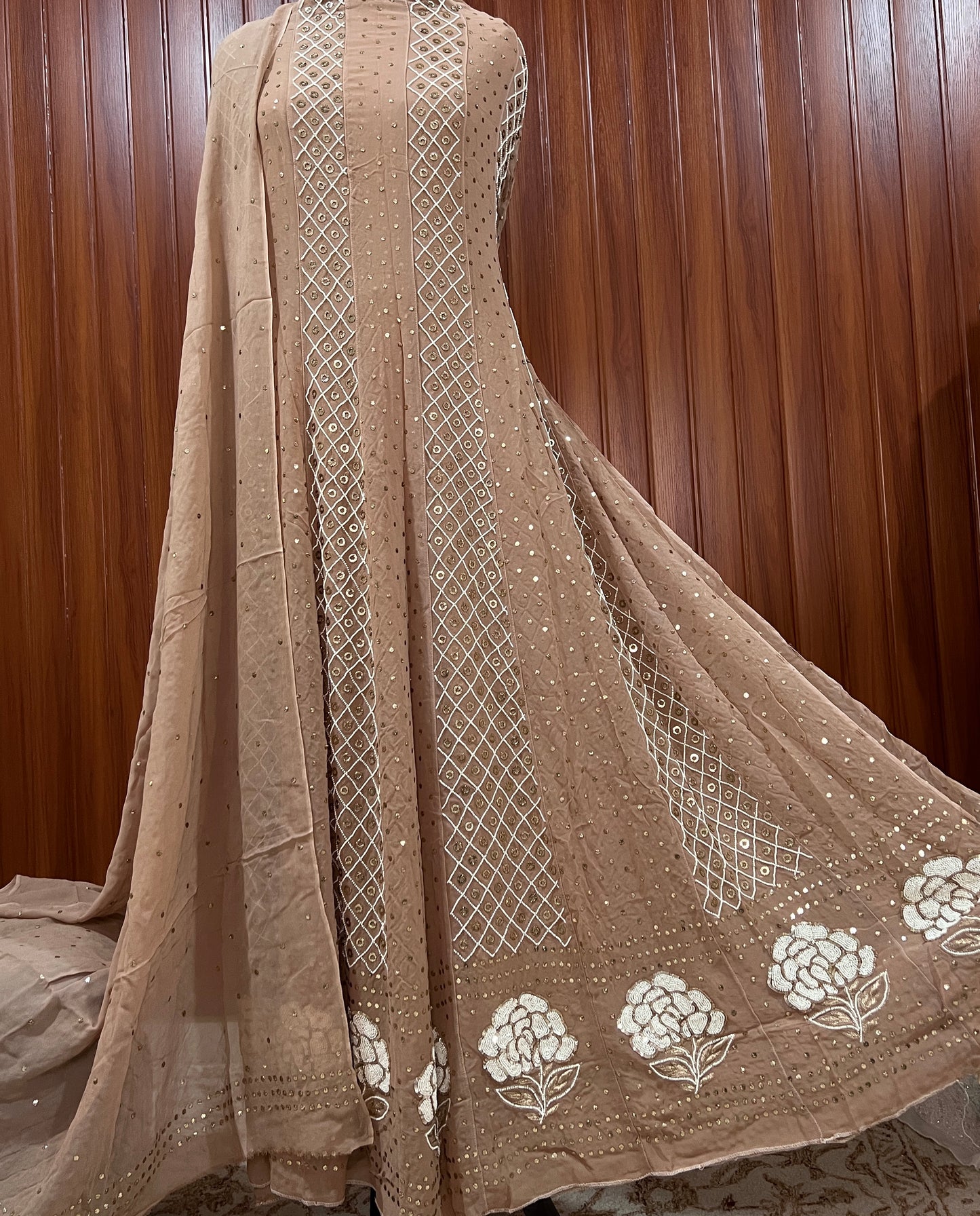 Cocoa brown Allover Mukaish and Pearl work Anarkali with Dupatta