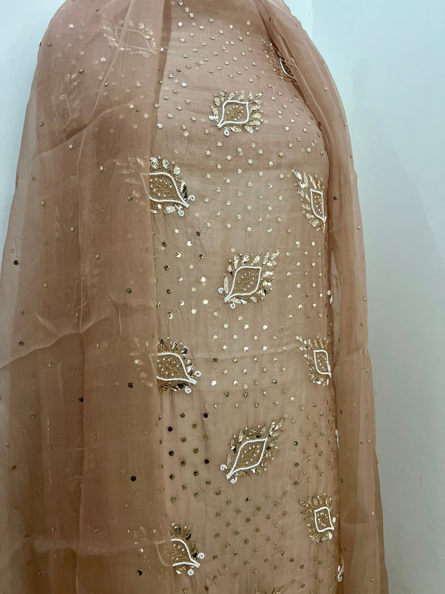 Powder brown Badla Mukaish and pearl work pure Organza kurta with dupatta