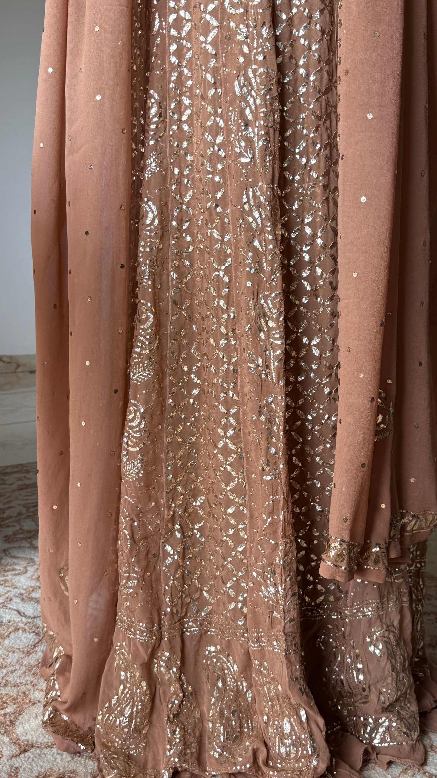 Ruhani cocoa brown heavy badla and Mukaish pure Georgette anarkali and dupatta
