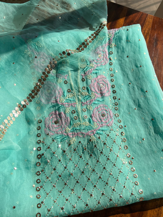 Firozi Chikankari and Mukaish pure Organza kurta with dupatta