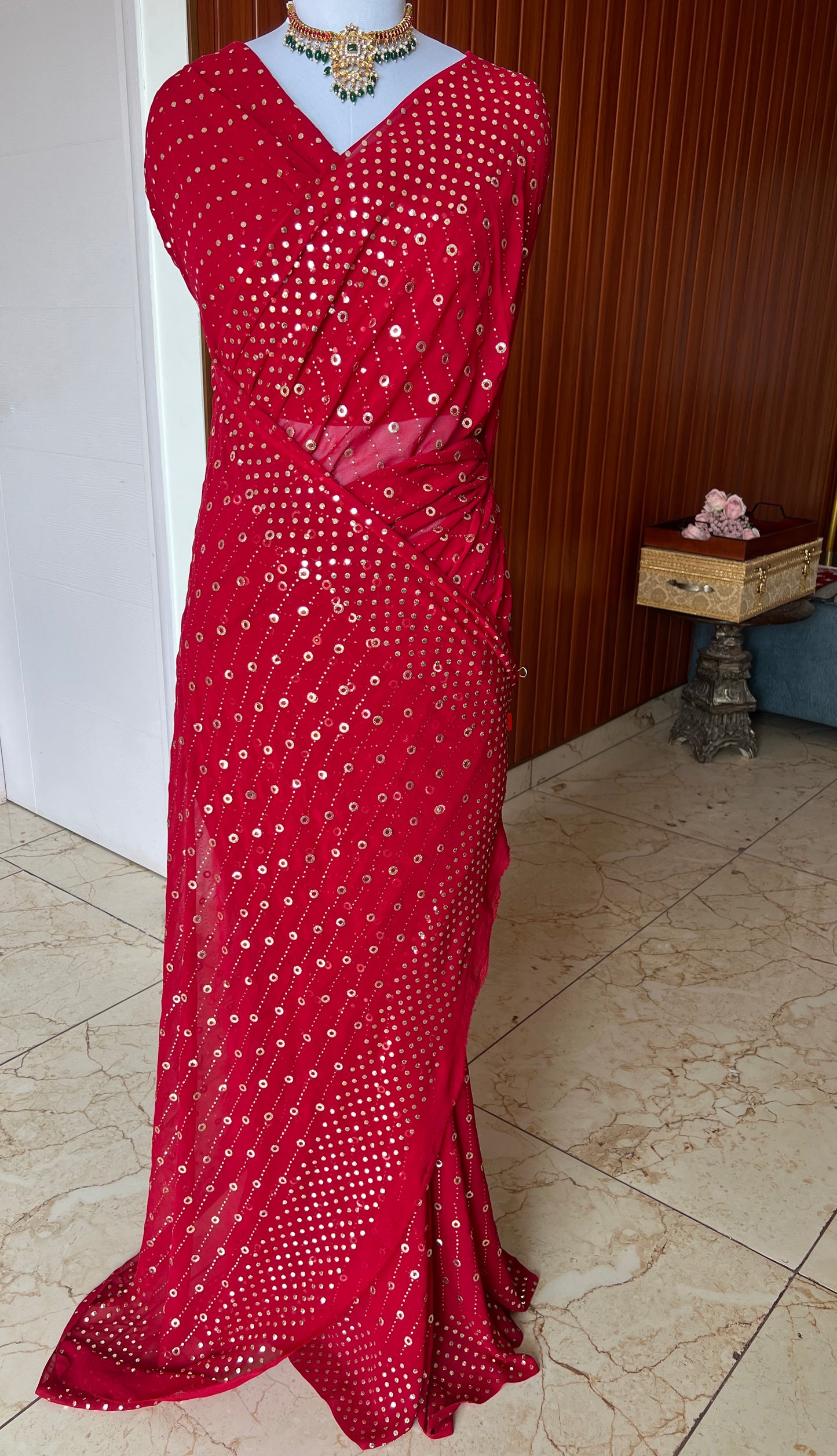 Ruhani Crimson Red Allover Mukaish Pure Georgette Saree