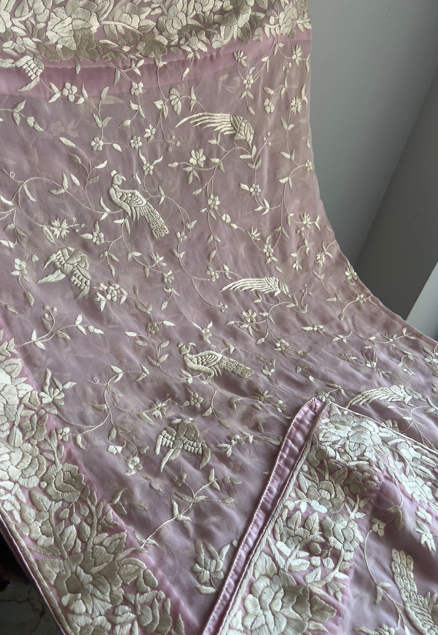 Light Pink Parsi Gara Hand Embroidered Dupatta