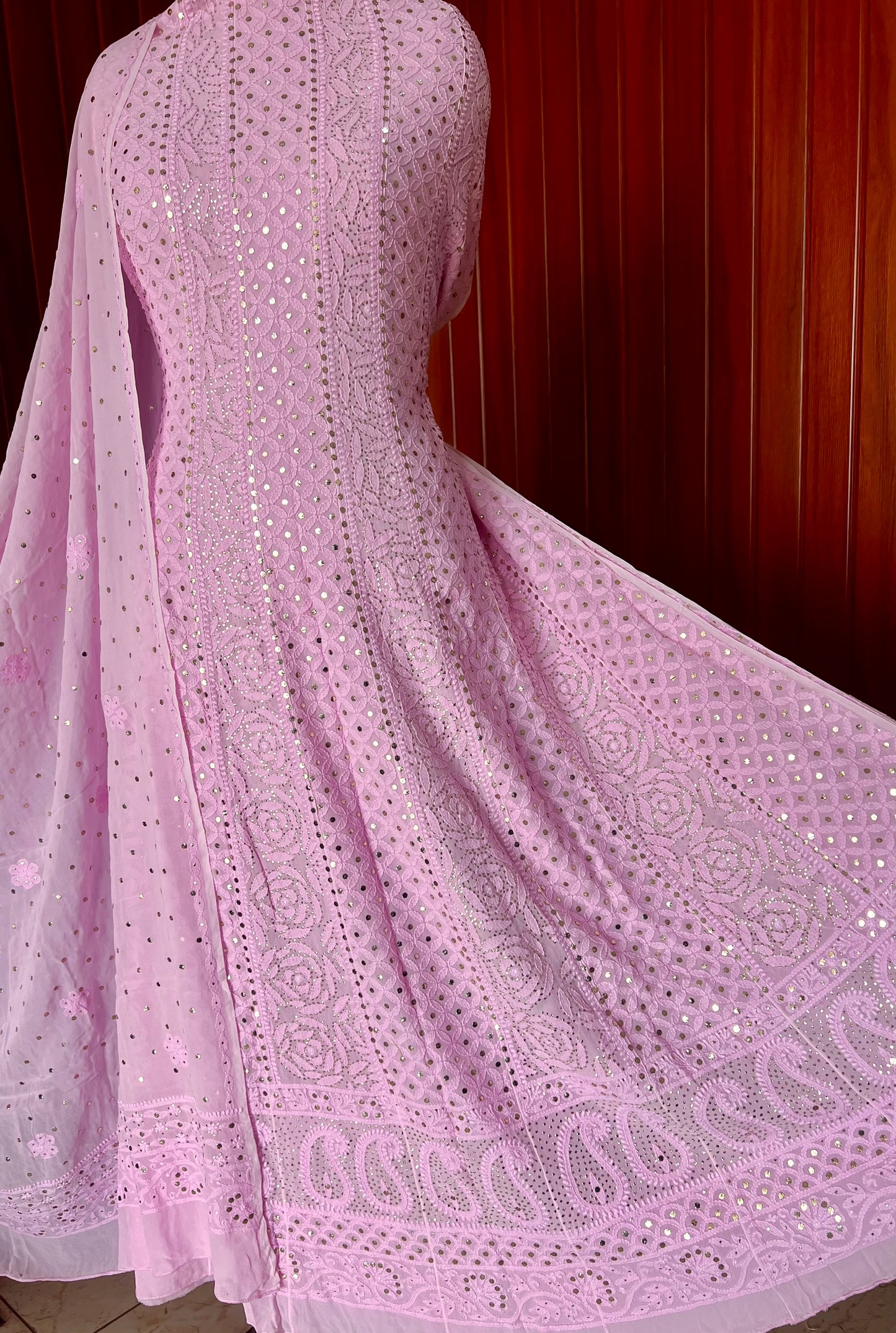 Bright Pink Allover Chikankari and Heavy Mukaish Anarkali with Dupatta