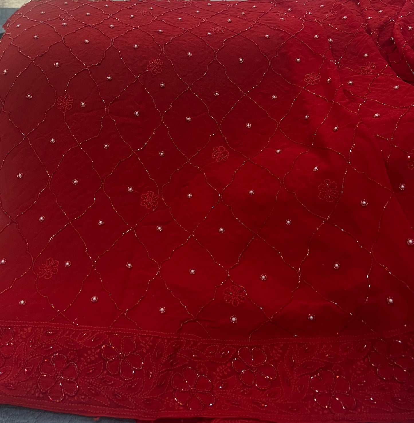 Ruhani Red Chikankari Cut Dana and pearl Saree