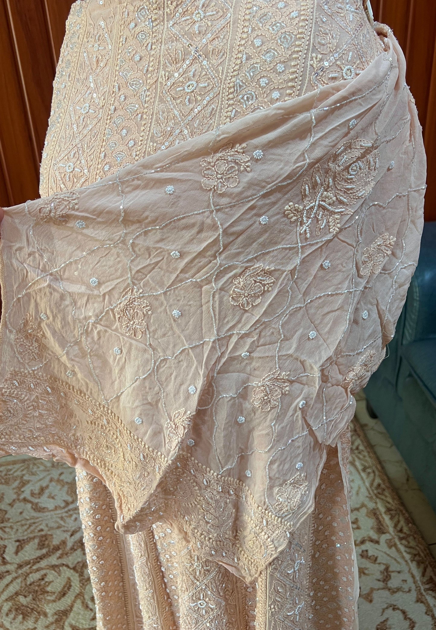 Pale Peach Chikankari Pearl Sequins Anarkali with Dupatta