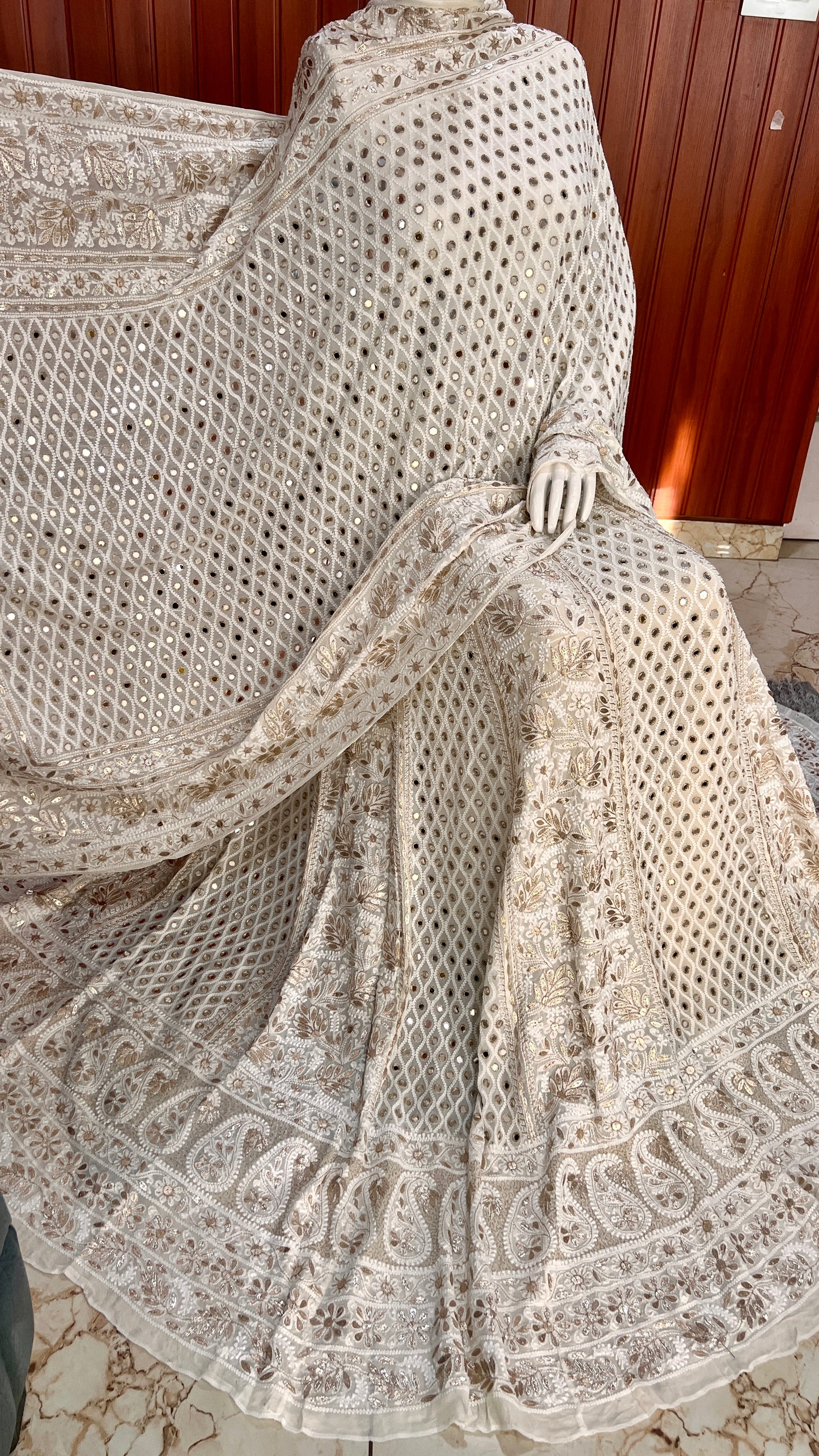 Ivory Ruhani Chikankari Mirror Gota Patti Wedding Lehenga