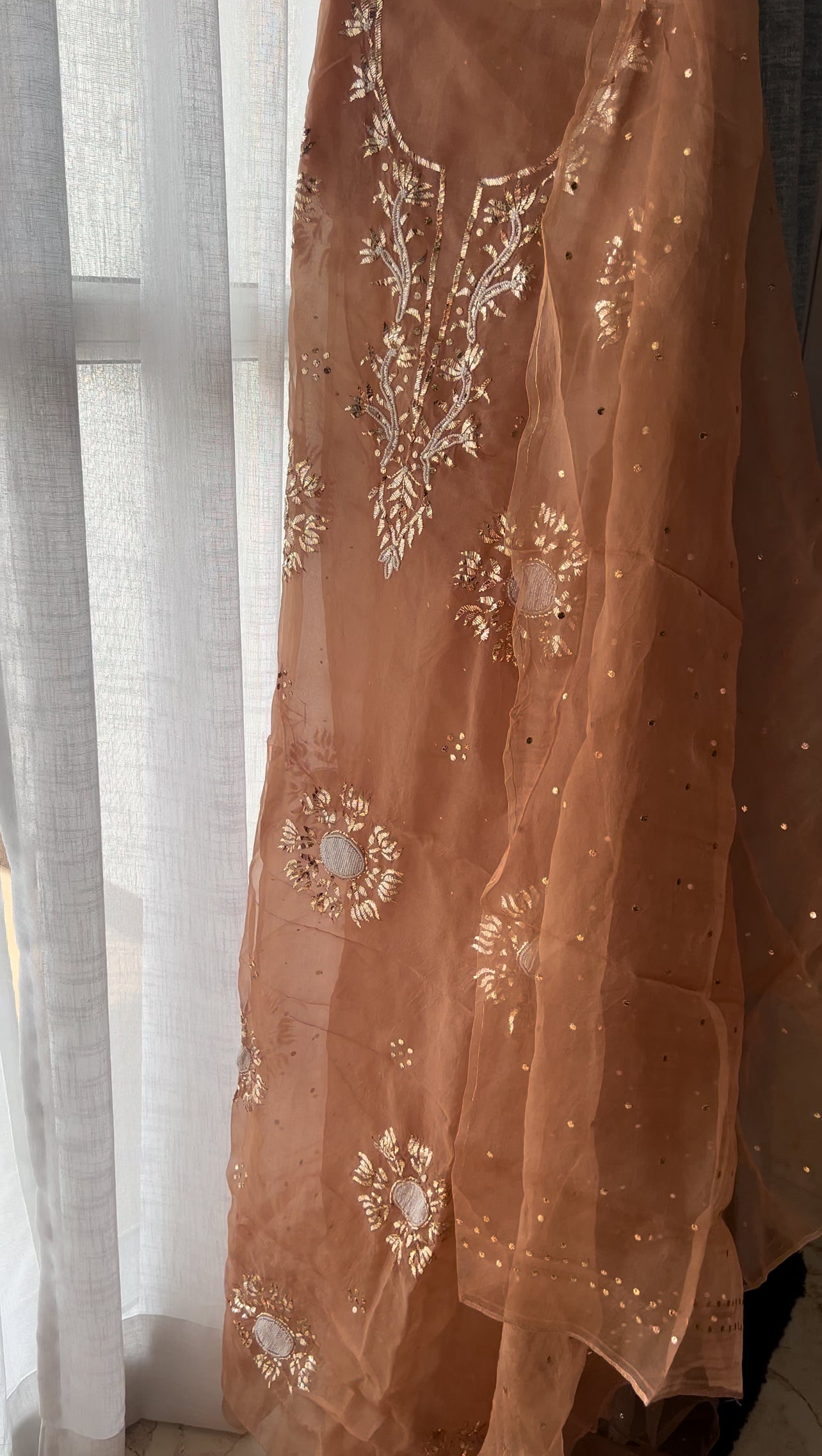 Cinnamon brown Badla Mukaish and pearl work pure Organza kurta with dupatta