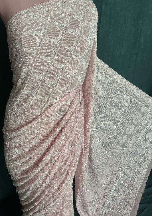 Ruhani Rose Quartz Chikankari and Cut Dana embroidered Saree