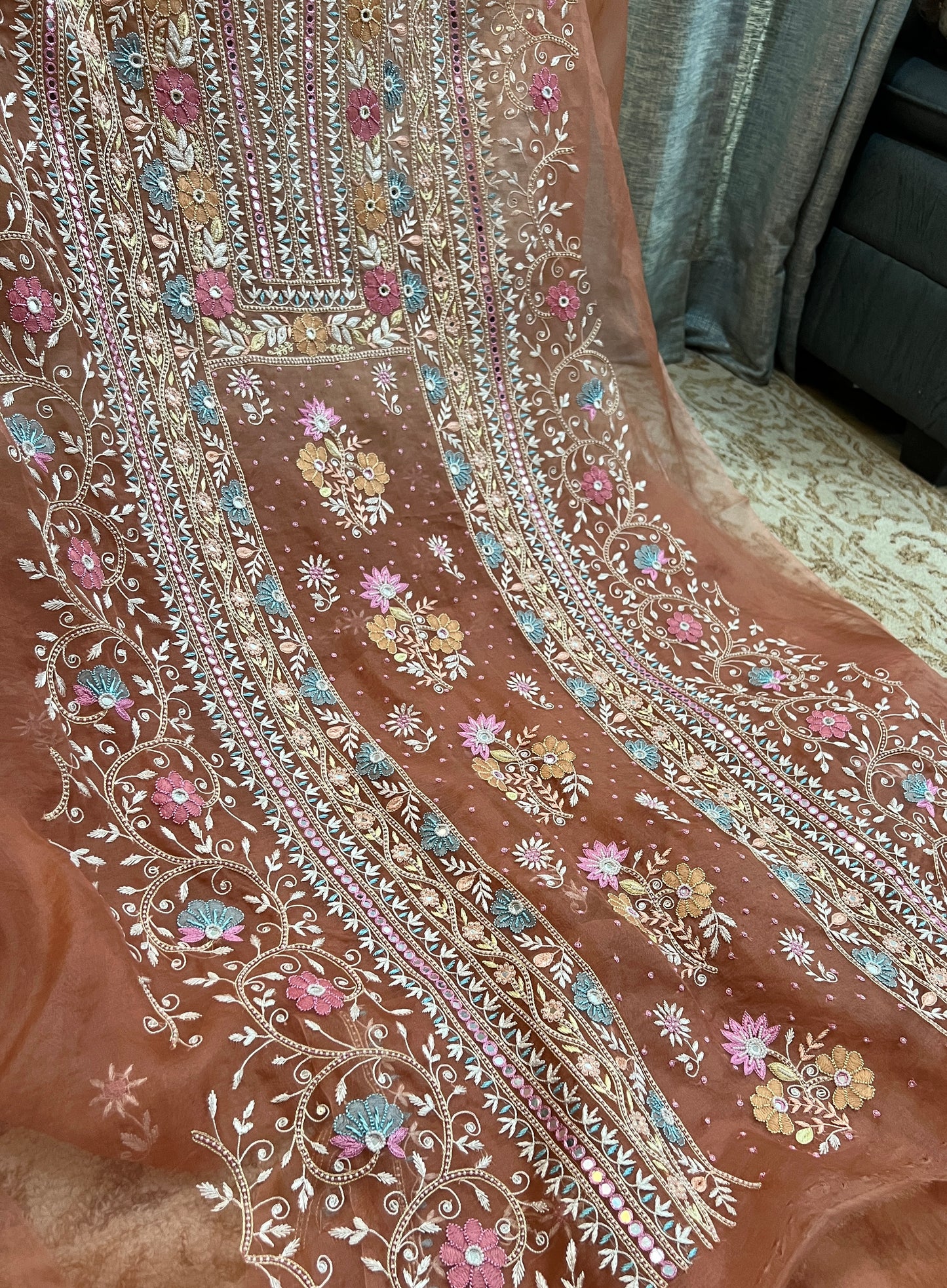 Ruhani Rusty Rose fine Chikankari pure Organza kurta with dupatta