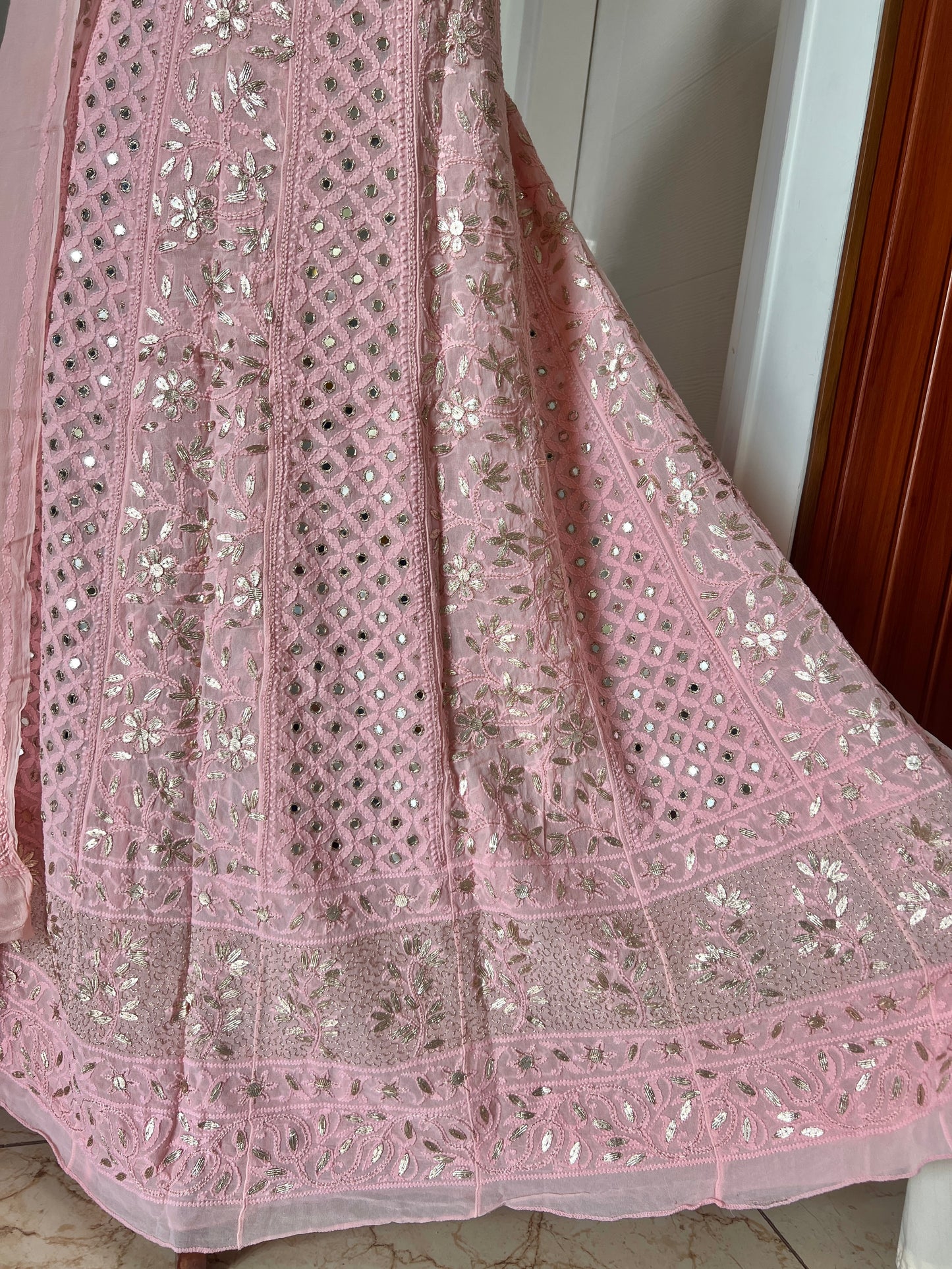 Peachy Chikankari Mirror Gota Patti Anarkali with Dupatta