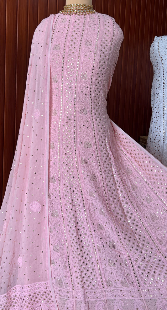 Pink allover Chikankari and mukaish anarkali with dupatta