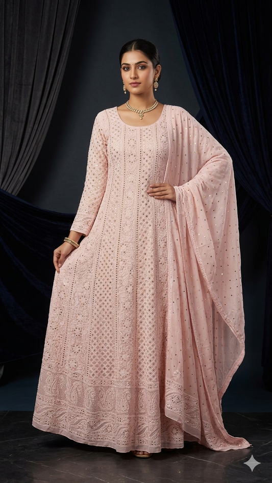 Light pink allover Chikankari and mukaish anarkali with dupatta