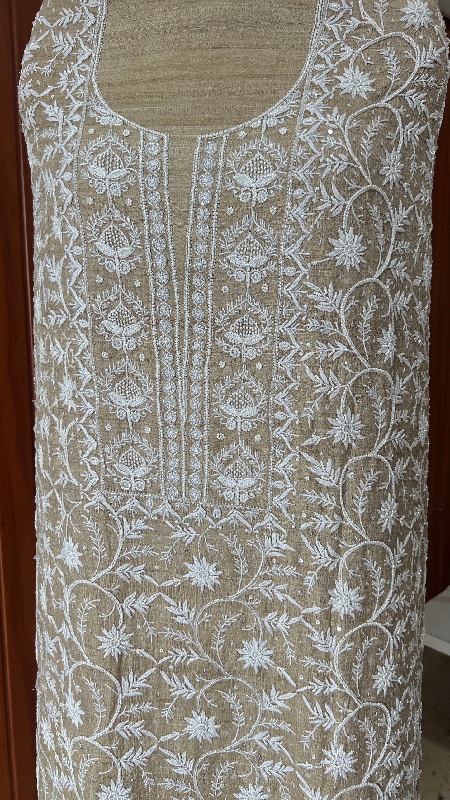 Pure Tussar silk Chikankari and pearl embroidered kurta and dupatta