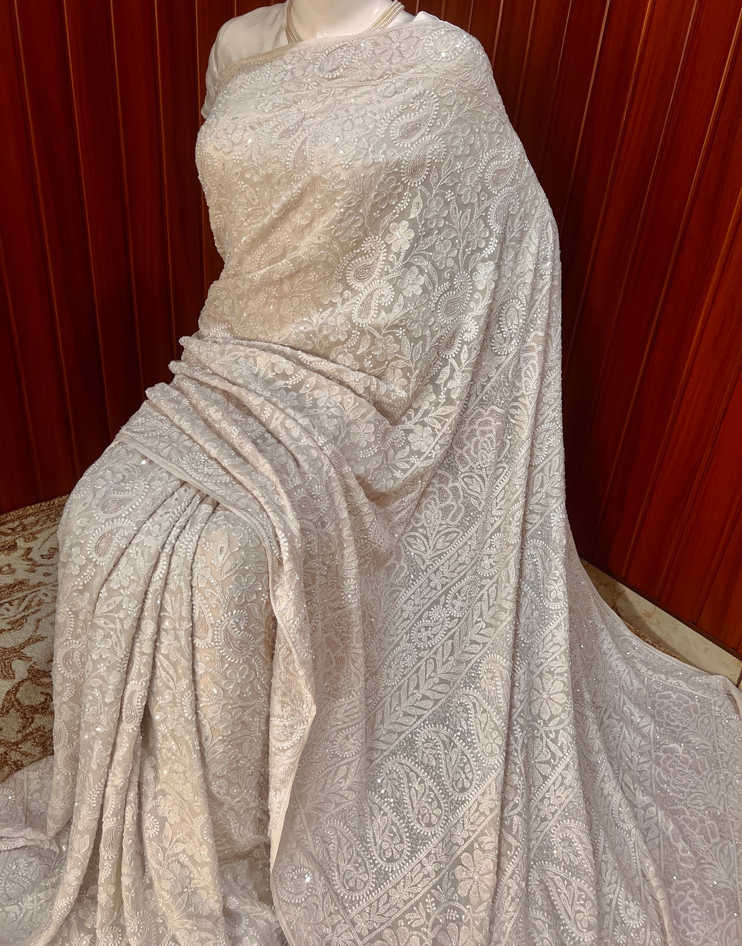 Ruhani Nude Beige Chikankari Cut Dana and Sequins Saree