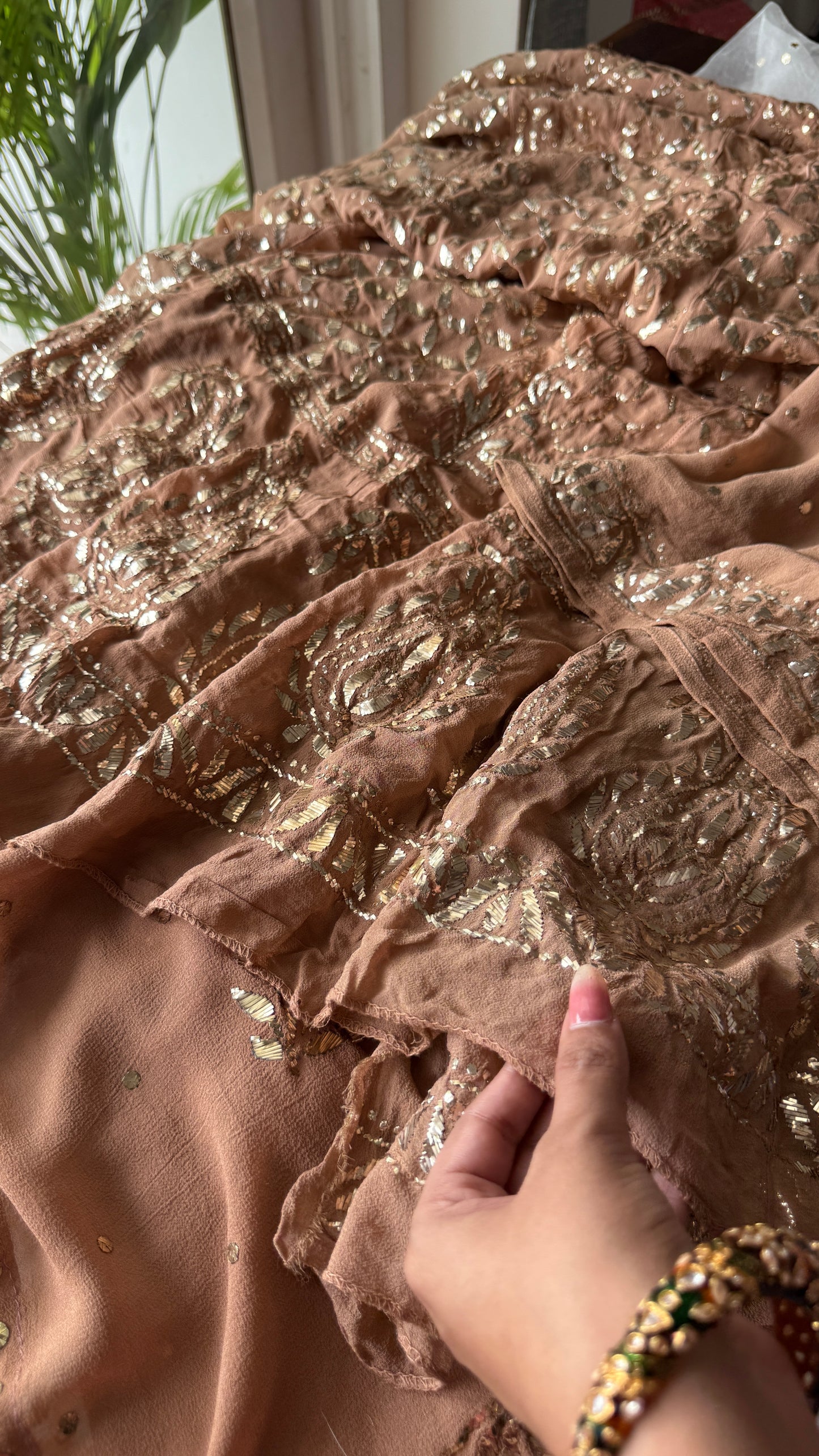 Ruhani cocoa brown heavy badla and Mukaish pure Georgette anarkali and dupatta