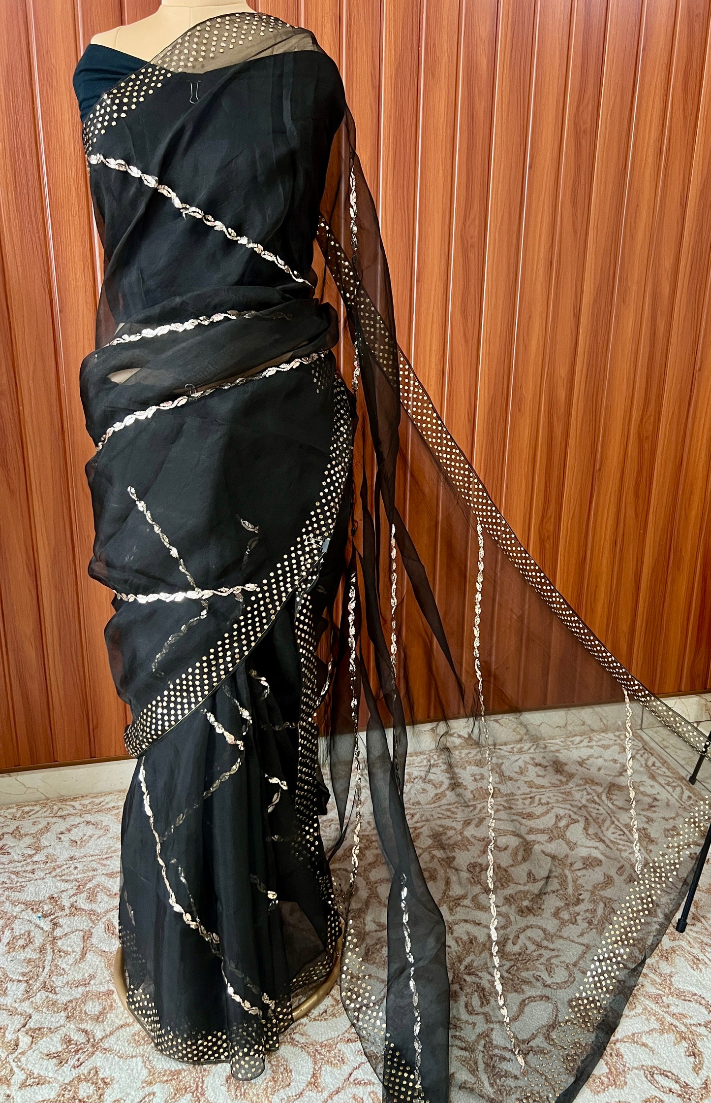 Black Pure Organza Saree with Badla and Mukaish Work