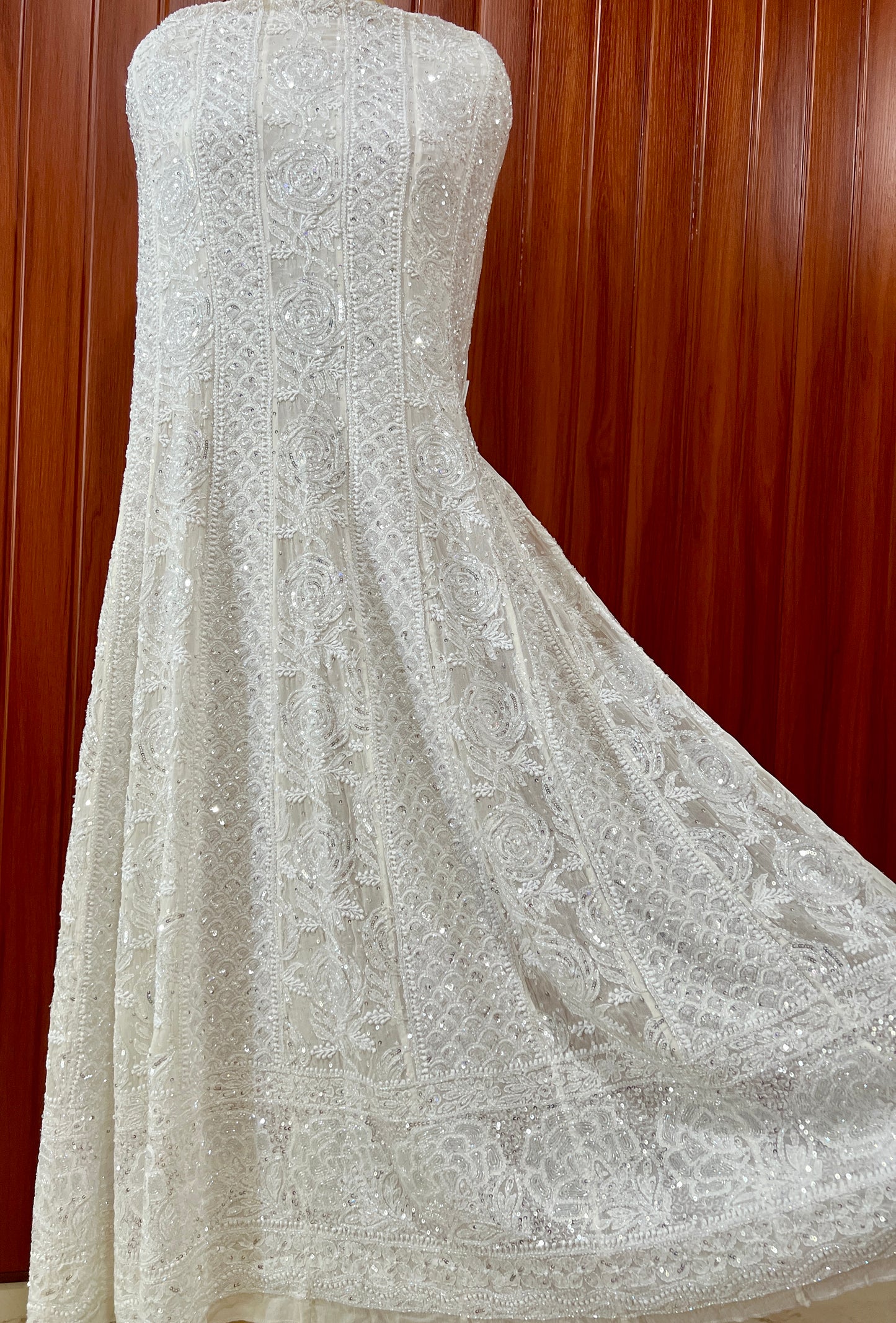 Ruhani White Chikankari Sequins and Cut Dana Anarkali