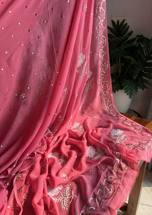 Rouge Pink georgette Saree with Mukaish and pearl work