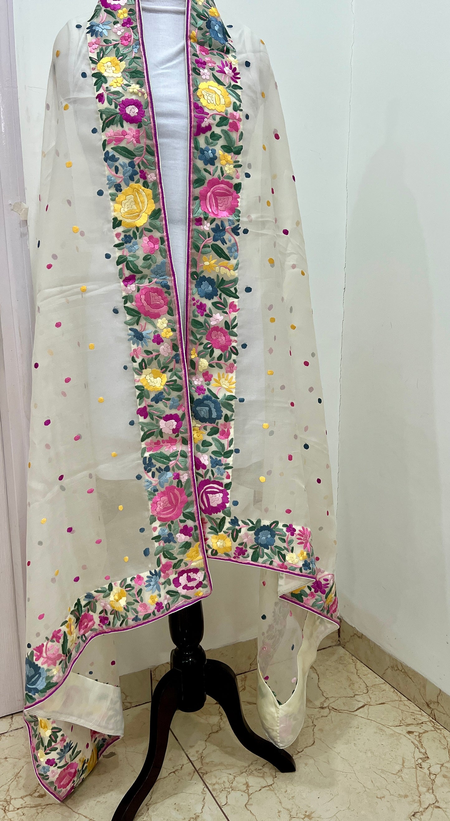Cream Organza Dupatta with Parsi Gara Hand Embroidery