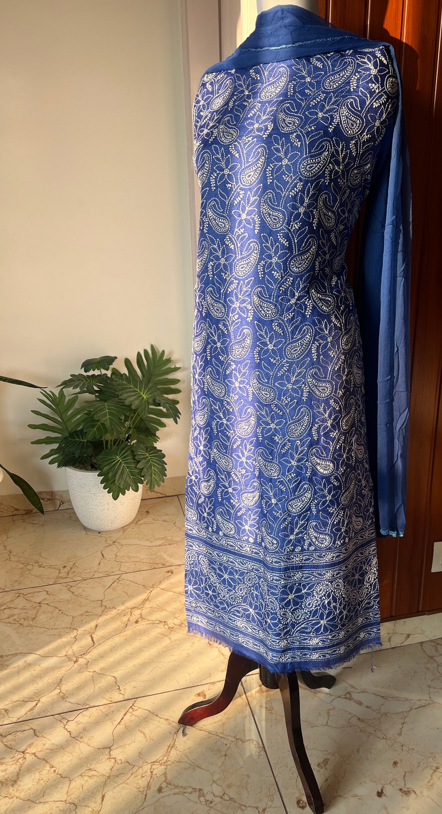 Tussar silk Chikankari embroidered kurta with chiffon dupatta