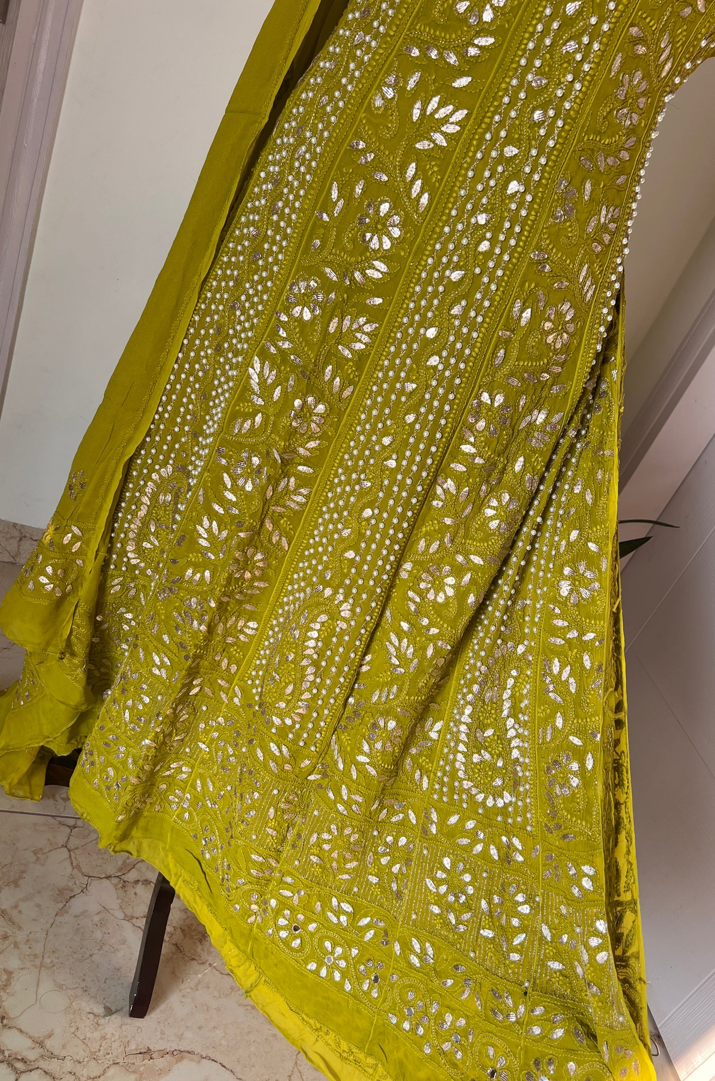Mehndi green Chikankari pearl and Gota Patti Anarkali