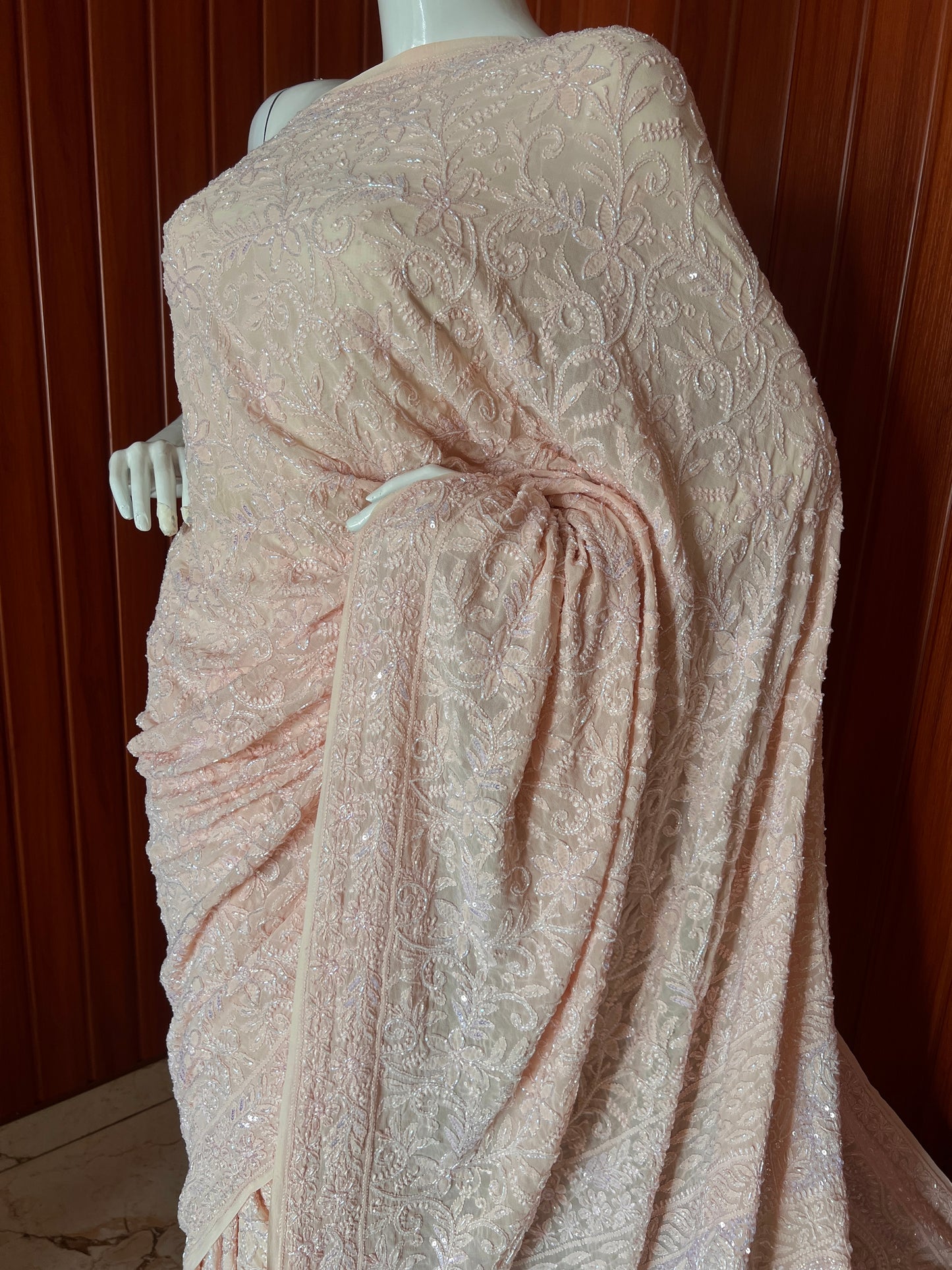 Ruhani Light Peach Chikankari Cut Dana and Sequins Saree