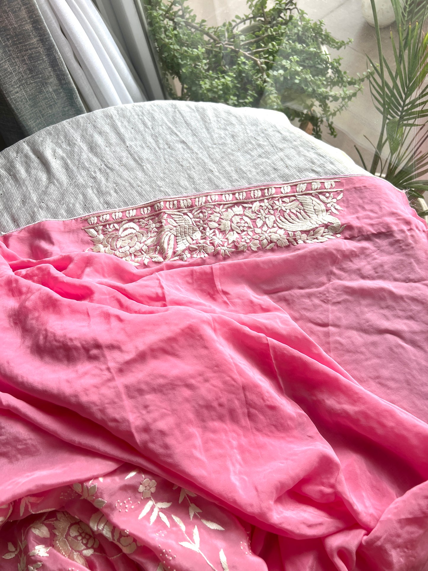 Pink Masterpiece Parsi Gara Pure Crepe Saree