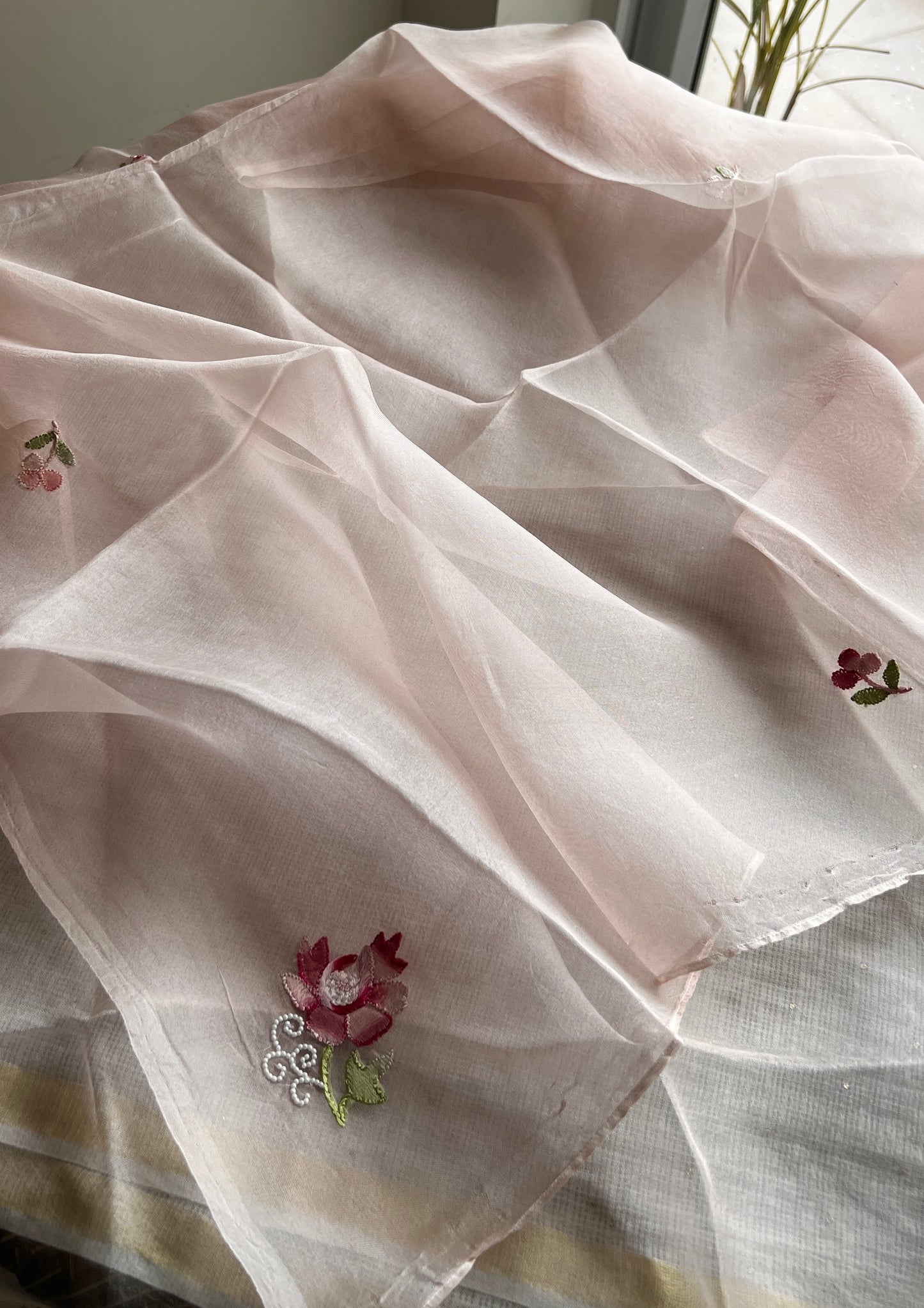 Nude pink Resham Chikankari pure Organza kurta with dupatta