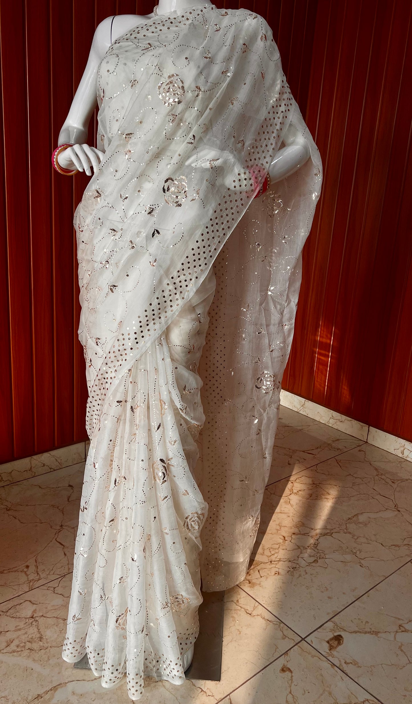 Ruhani Ivory Pure Organza Saree with Allover Badla and Mukaish Work