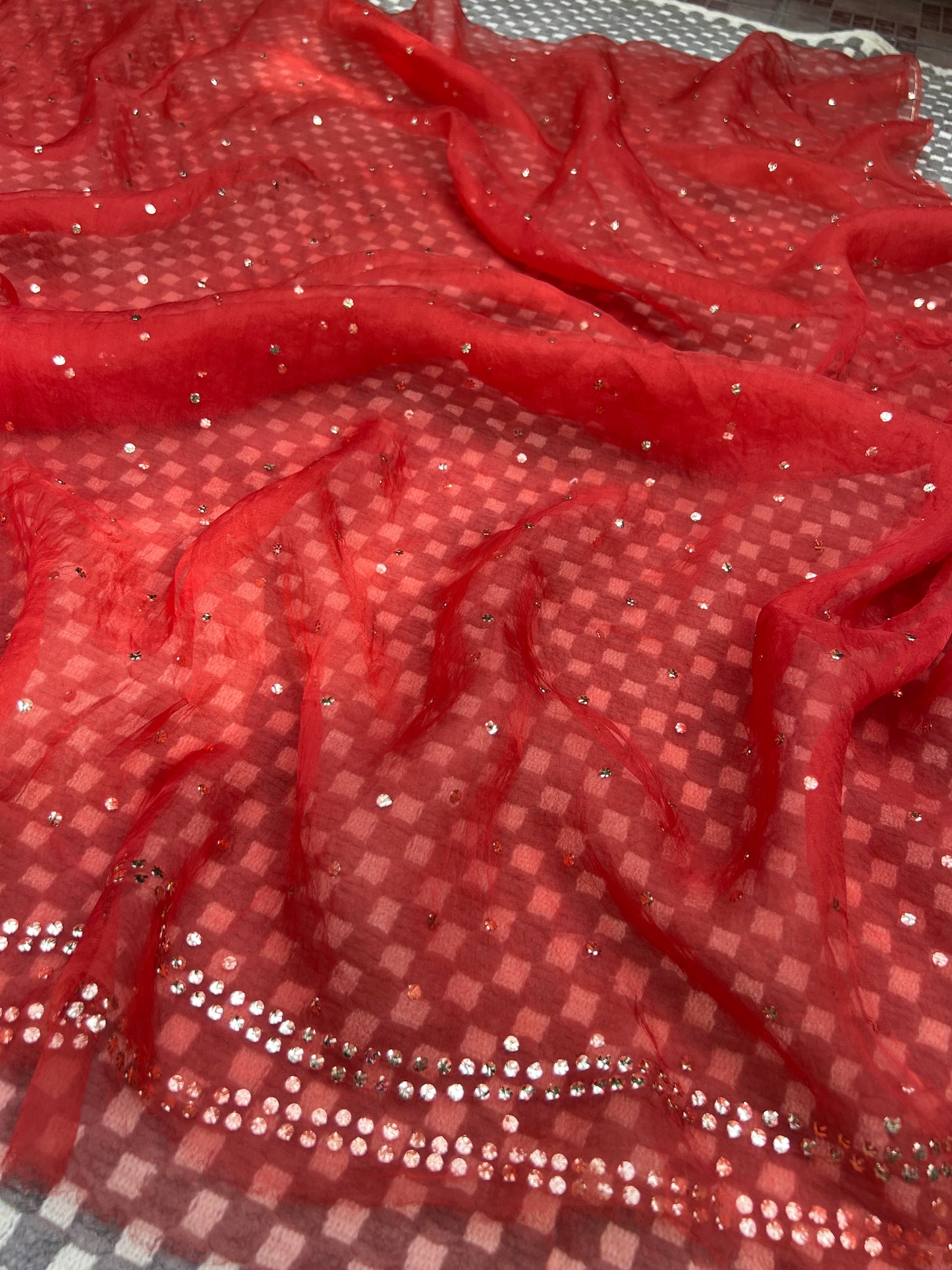 Rust Orange Mukaish Pearl work Pure Organza kurta with dupatta