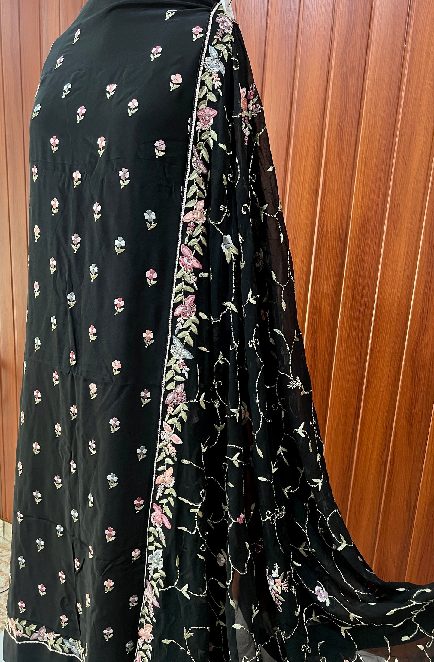 Black hand embroidered parsi gara pure crepe full suit