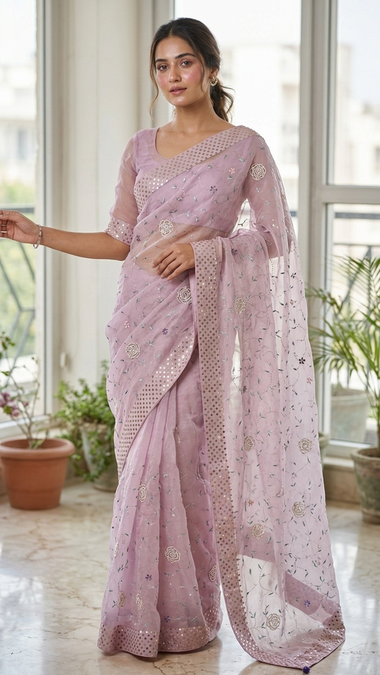 Ruhani Lilac Pure Organza Saree with Resham, pearl and Mukaish Work