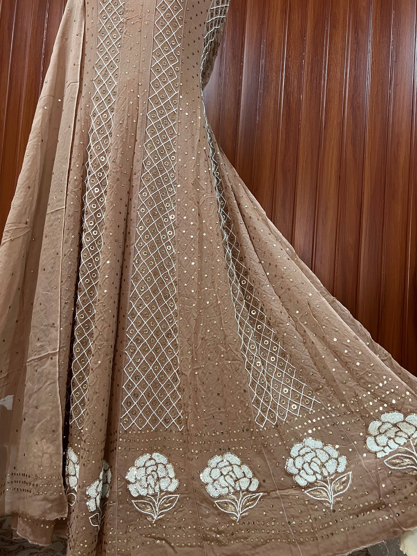 Cocoa brown Allover Mukaish and Pearl work Anarkali with Dupatta