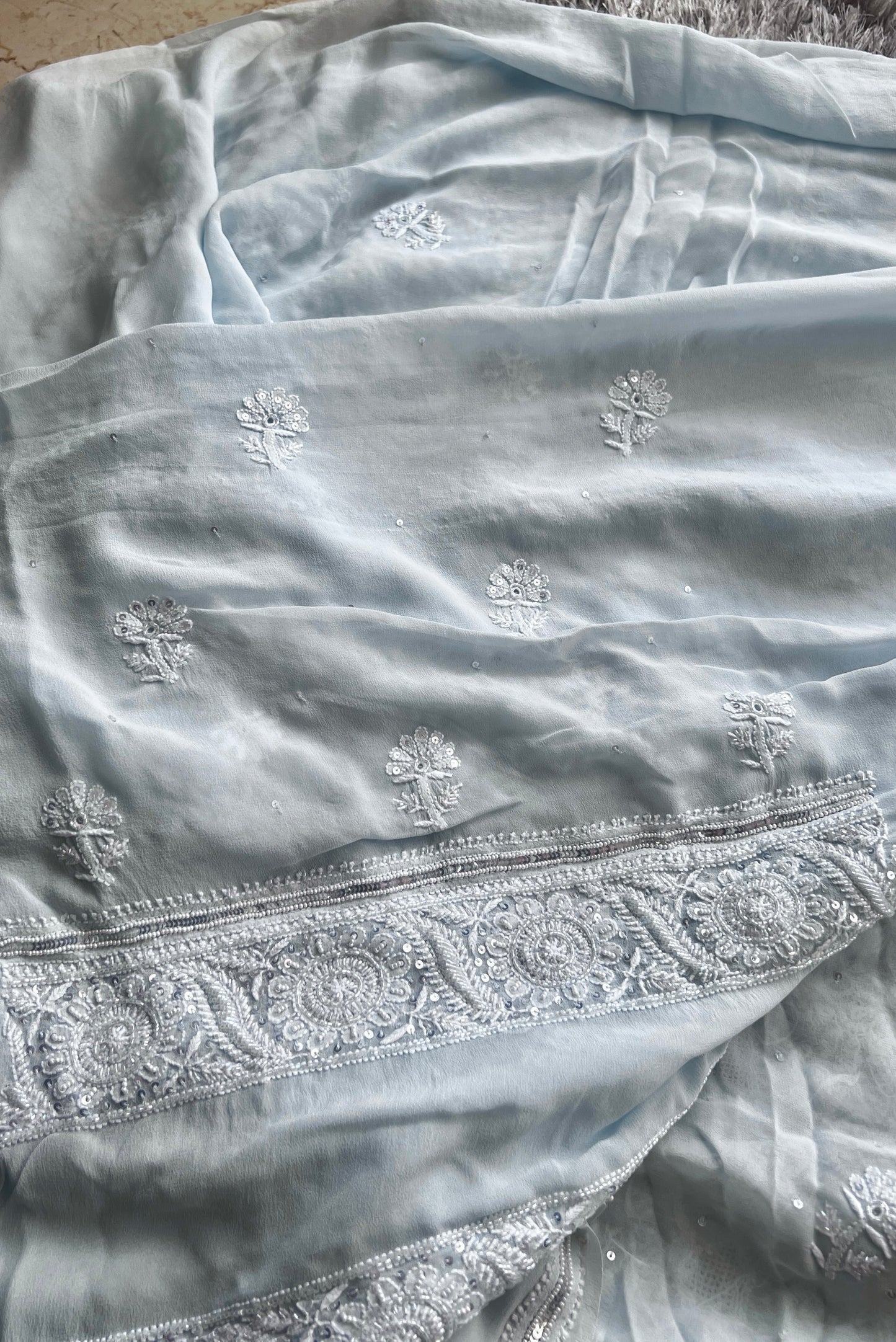 Suhaan Powder Blue Chikankari pearl sequins kurta and dupatta