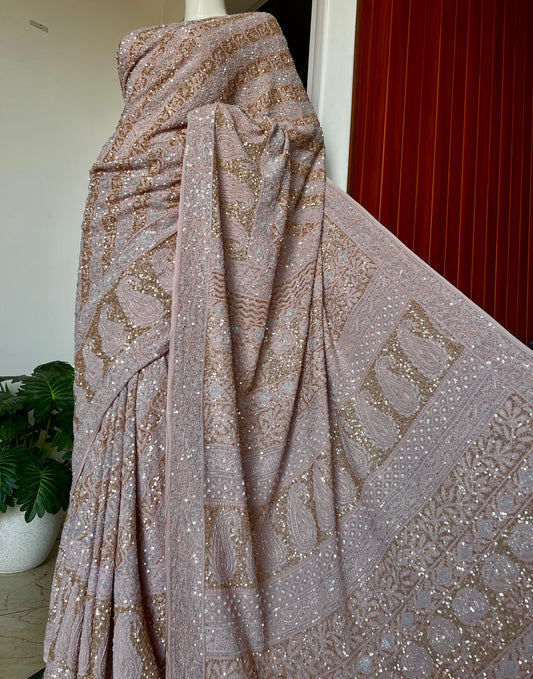 Ruhani Old Rose Chikankari Sequins Cut Dana Embroidered Masterpiece Saree