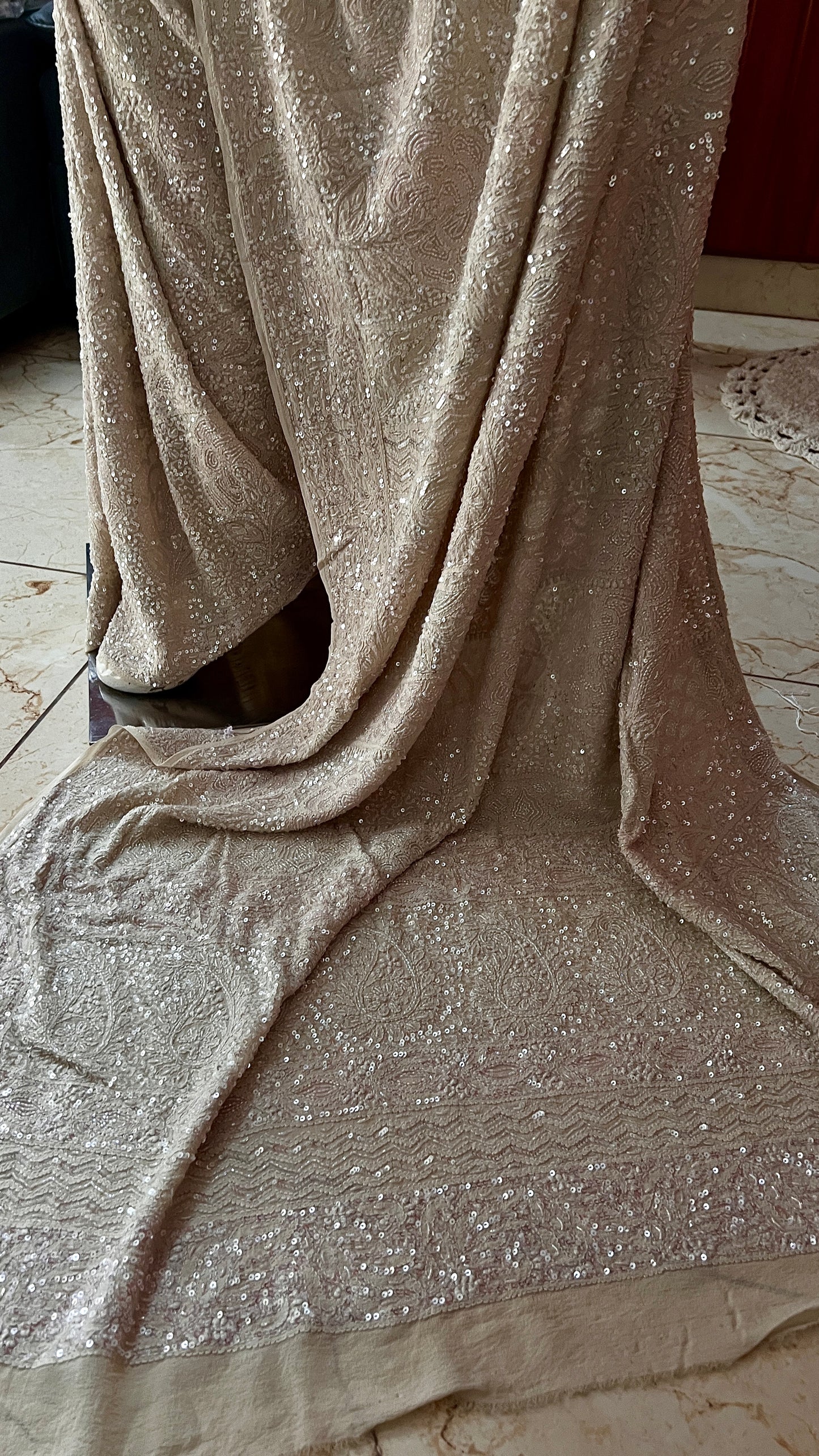 Ruhani Champagne Masterpiece Chikankari and heavy Sequins Saree