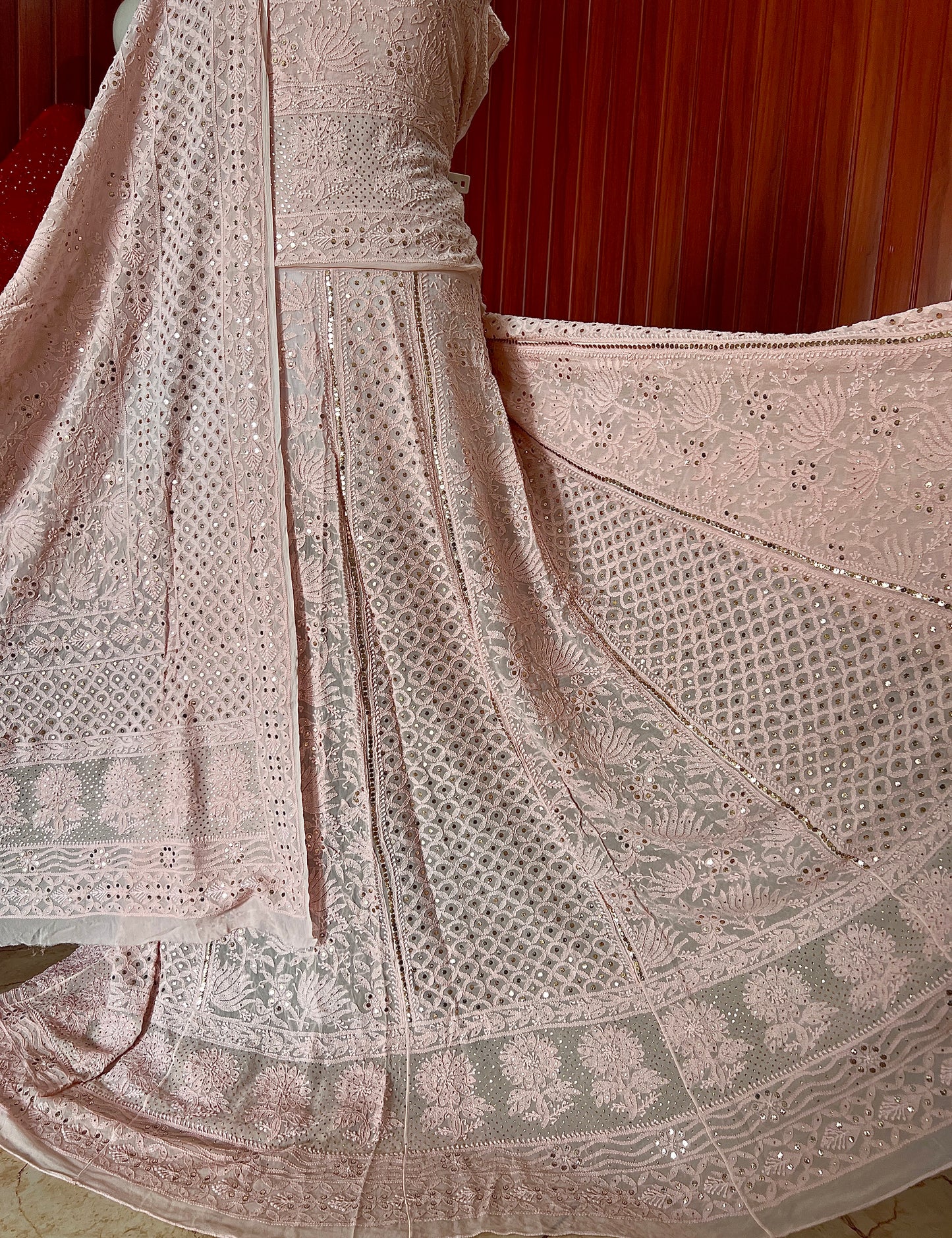 Dusty pink allover Chikankari and mukaish lehenga set