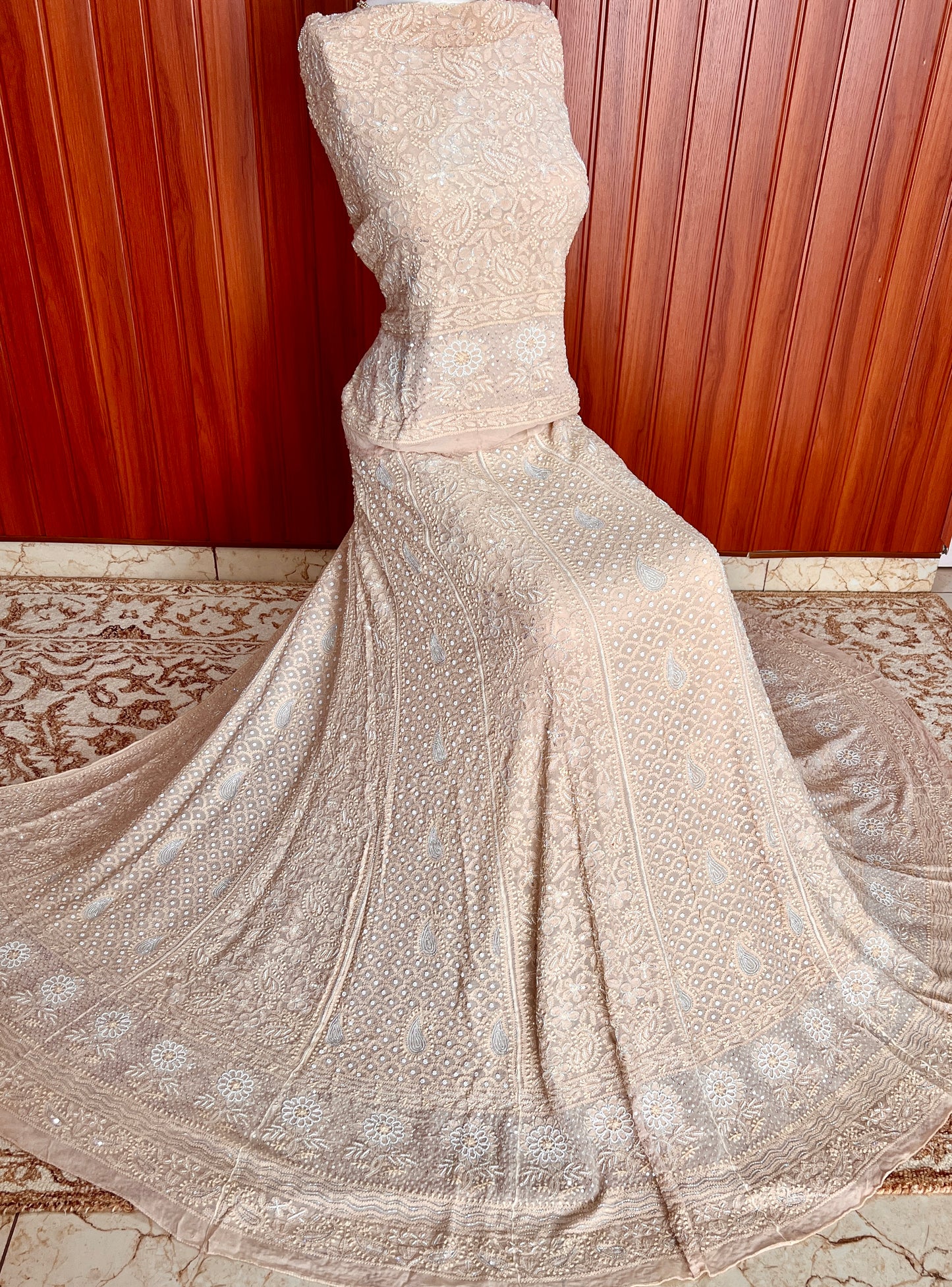 Ruhani Golden Beige Chikankari Cut Dana Pearl Sequins Wedding Lehenga