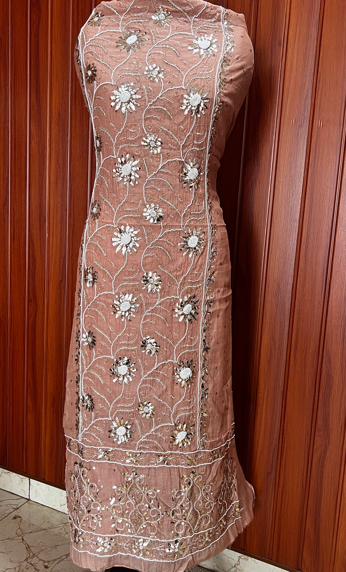 Cocoa brown Badla Mukaish and pearl work mulmul kurta with dupatta