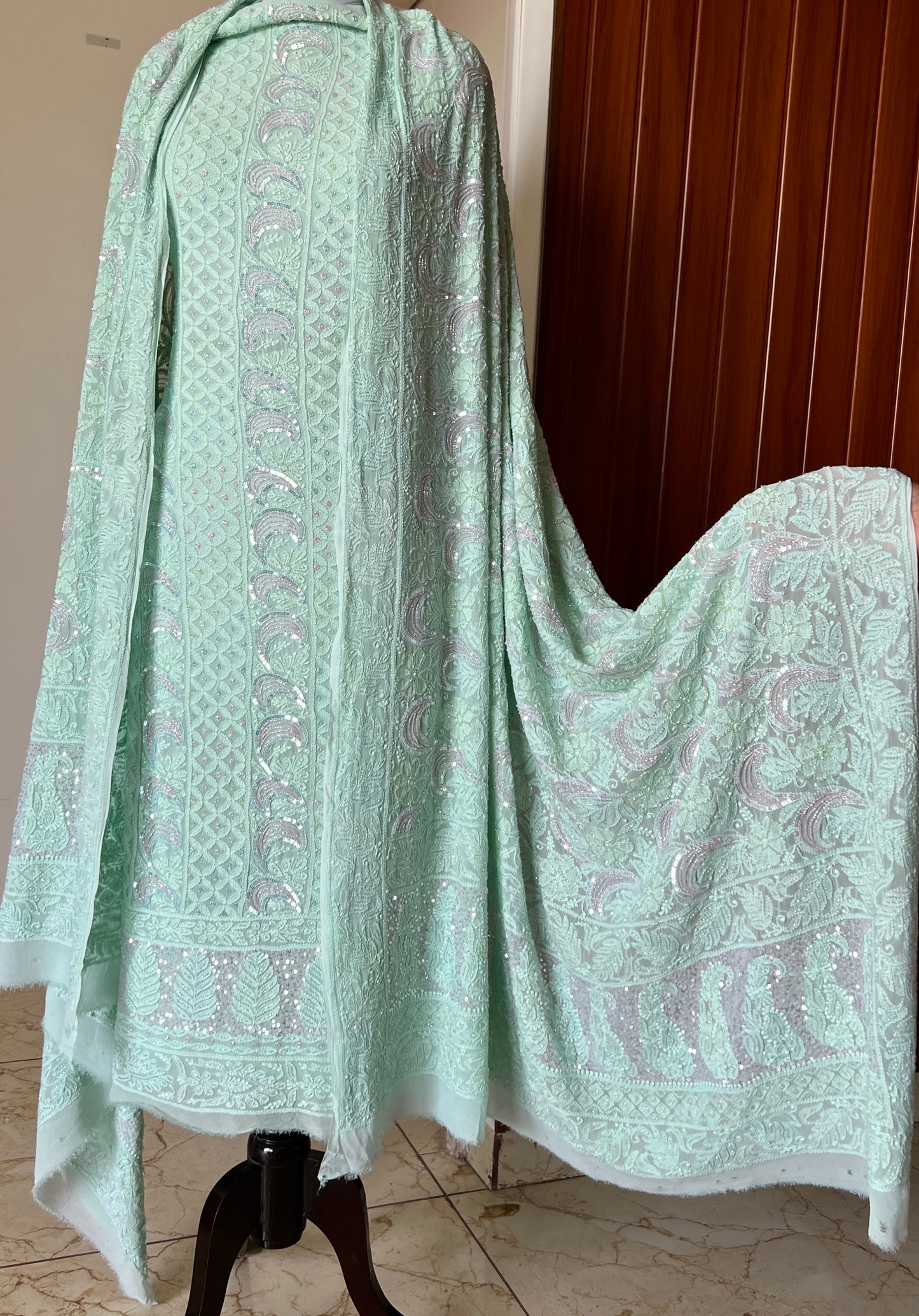 Mint Green Chikankari multi cut Dana and Sequins work Kurta with Jaal Dupatta