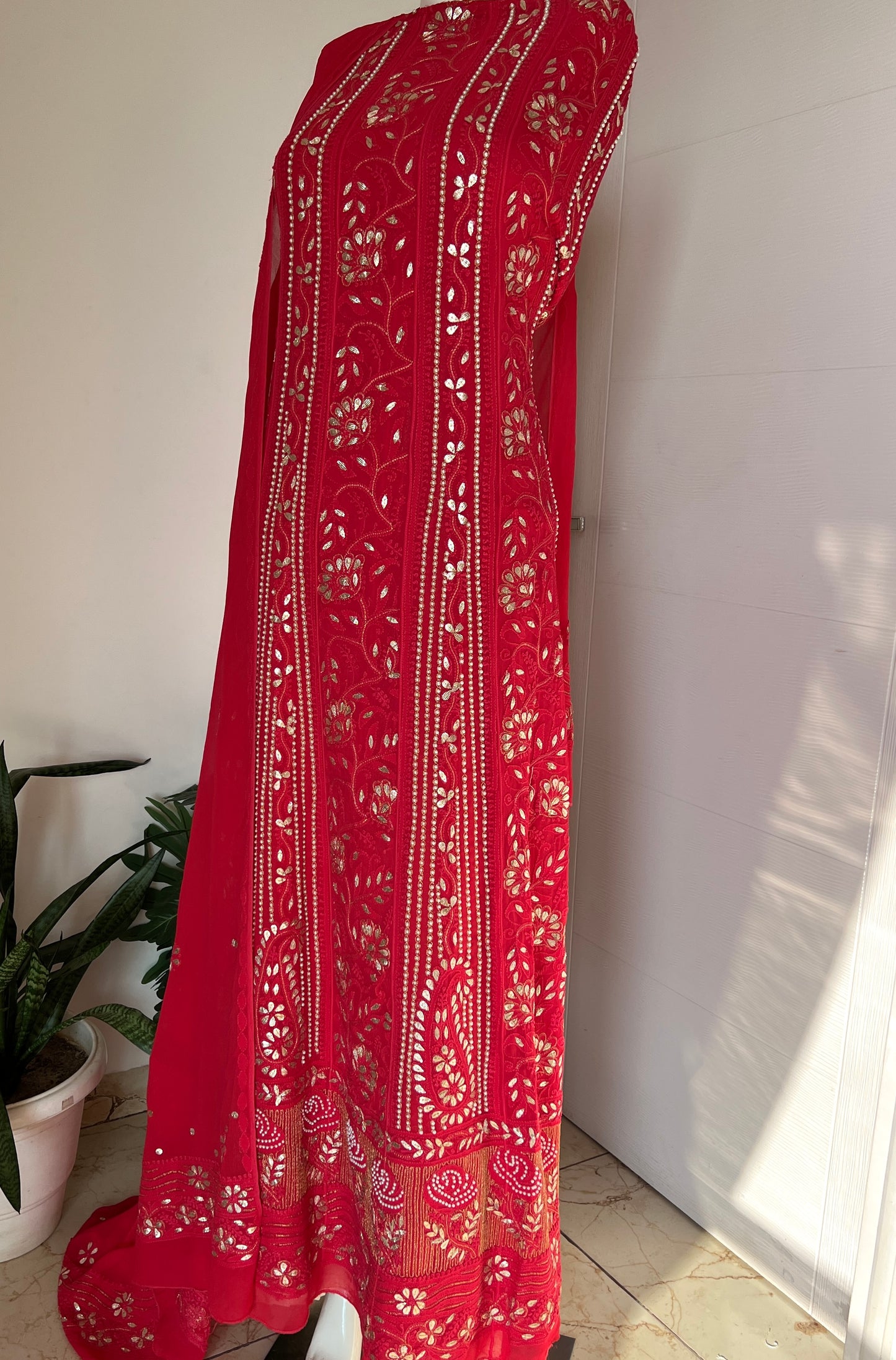Red Chikankari pearl and Gota Patti Anarkali