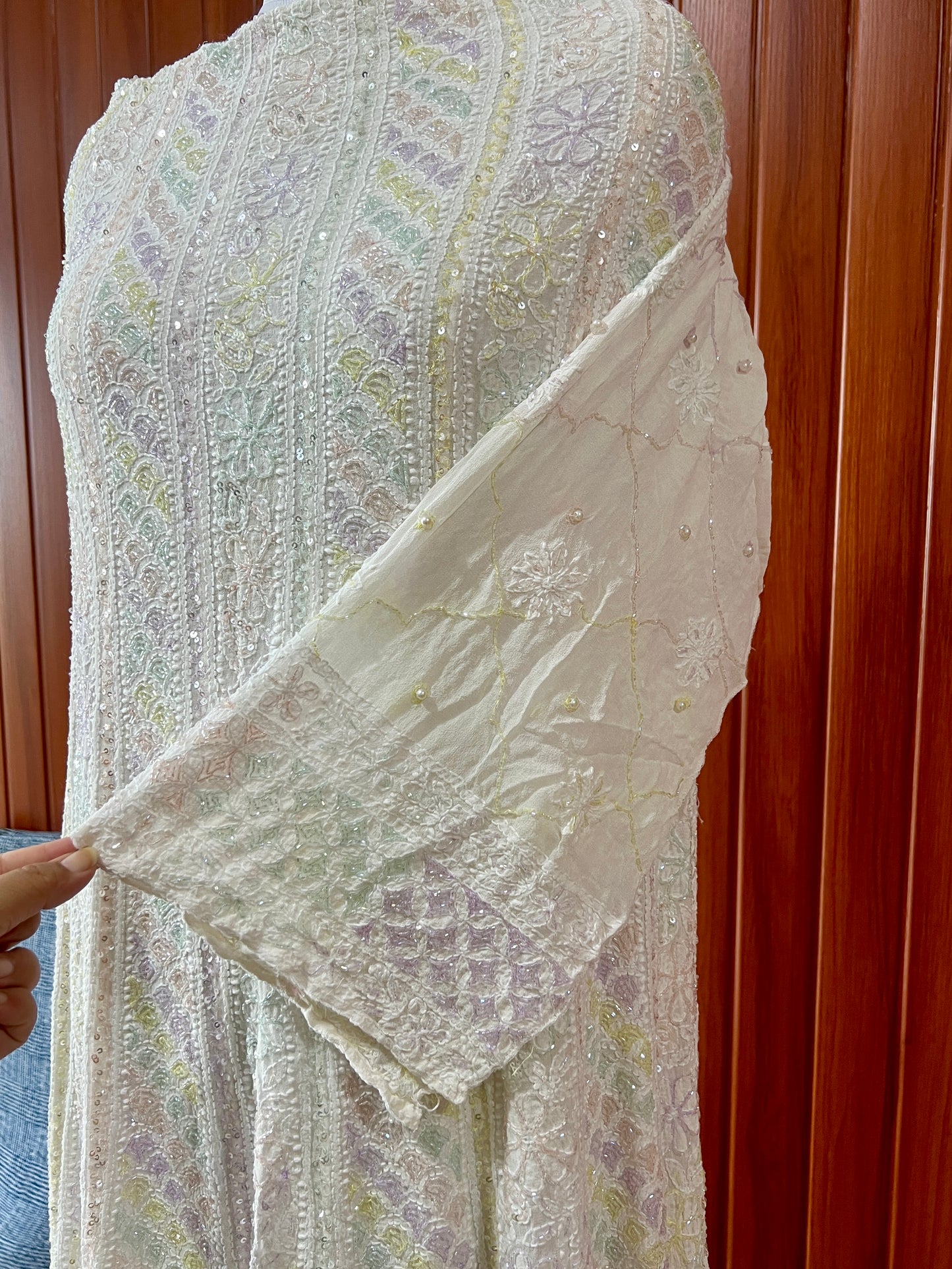 Ivory Chikankari multicolored Sequins and Cut Dana Anarkali