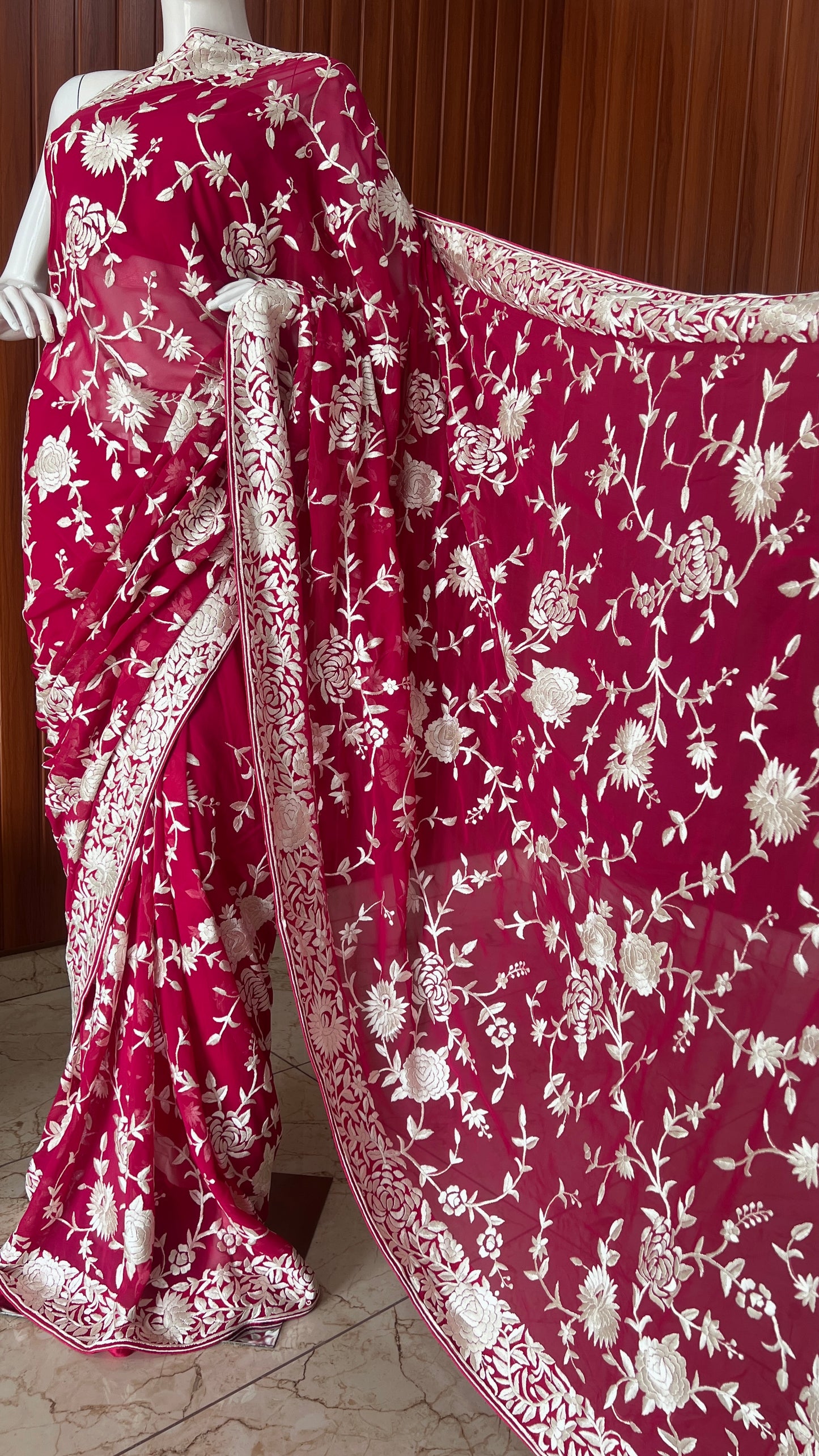 Crimson Parsi Gara Hand Embroidered Saree