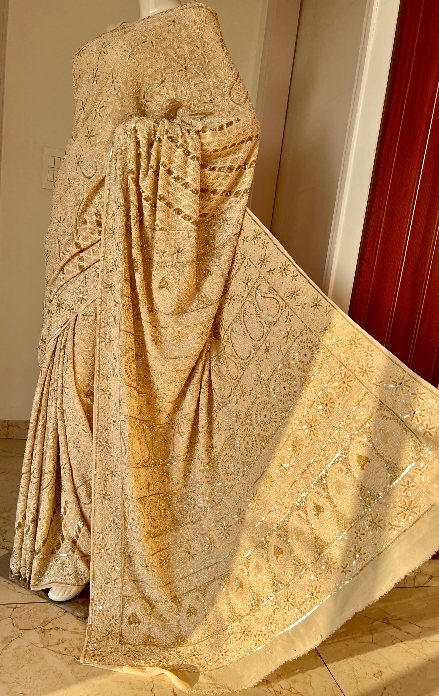 Ruhani Golden Beige Chikankari Sequins Cut Dana Embroidered Masterpiece Saree