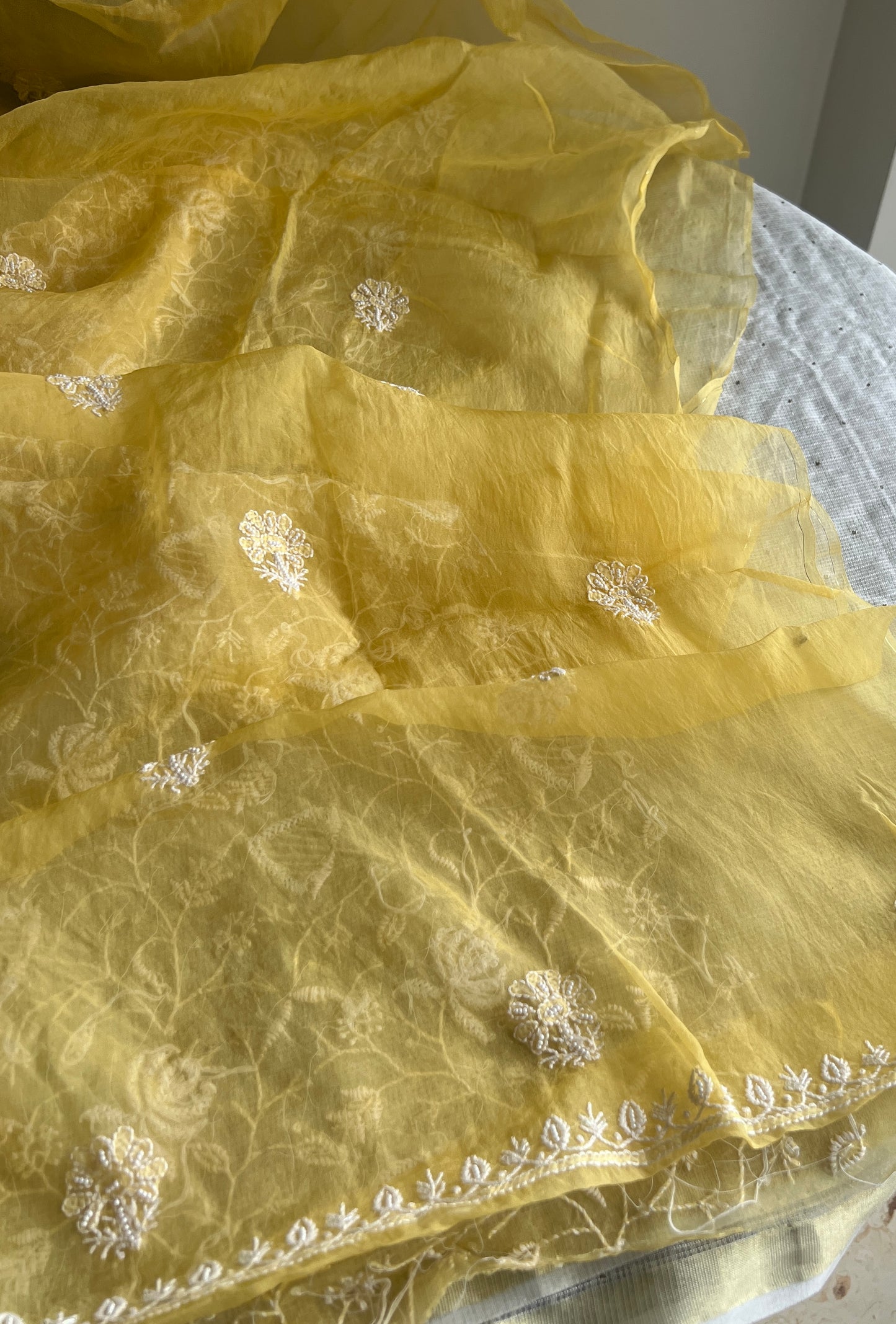 Yellow chikankari pearl cut Dana work pure Organza kurta with dupatta