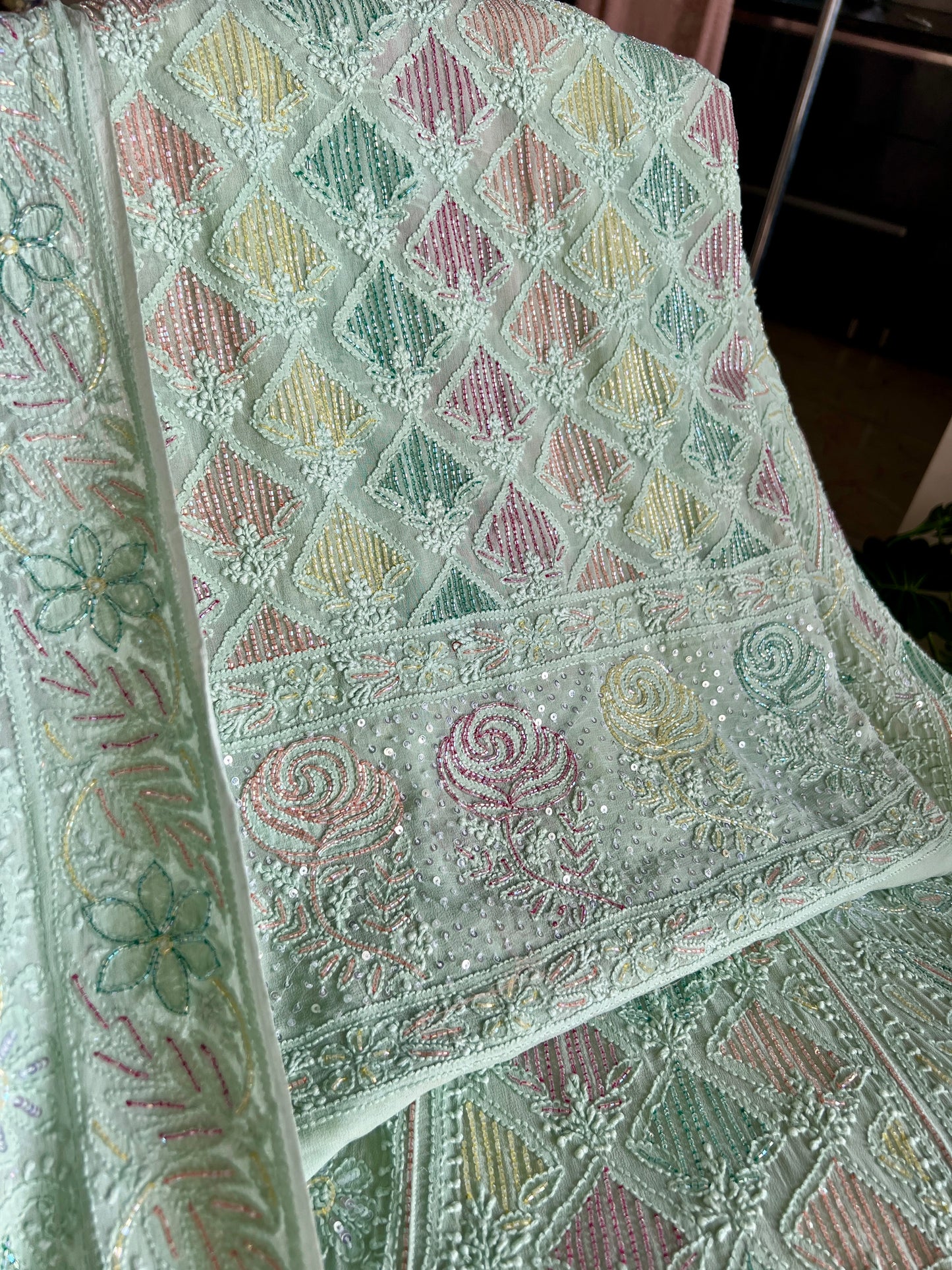 Mint green Chikankari multi Cut Dana Sequins Lehenga