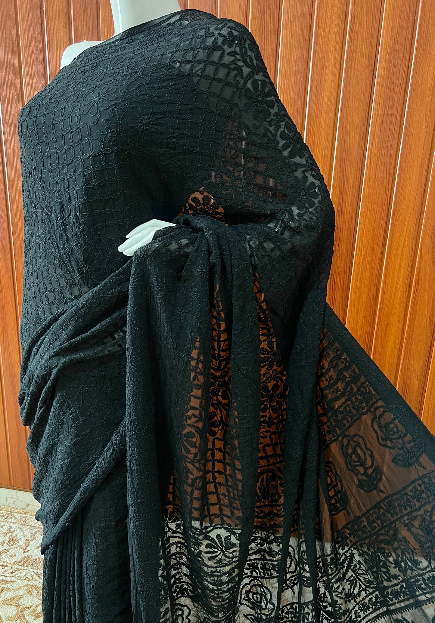 Ruhani Black fine Chikankari Hand Embroidered Saree